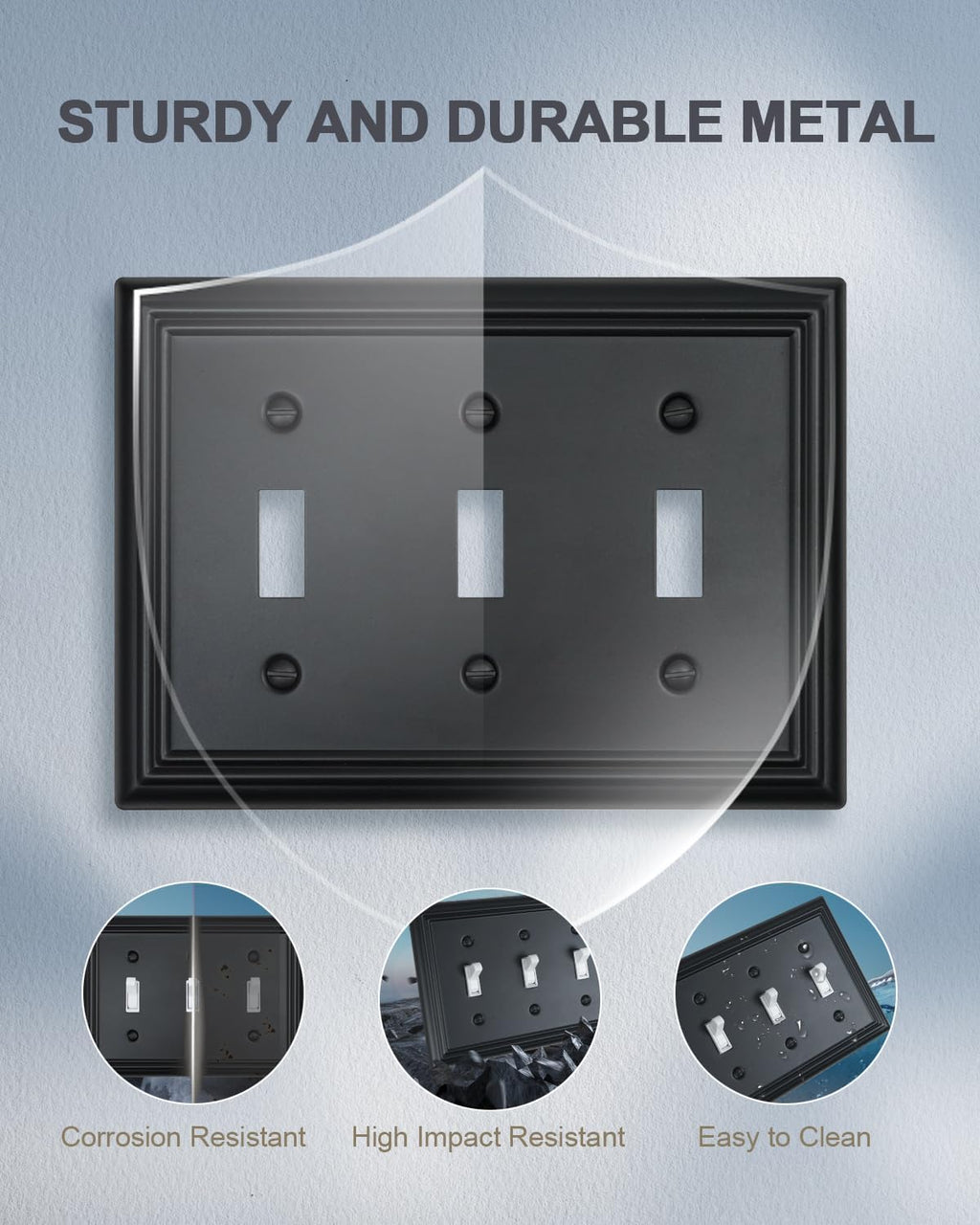 2-Pack Triple Toggle Wall Plates, Black Light Switch Covers, Decorative Switch Plate Covers, Durable Metal, 6.77''*4.88'', Midsize