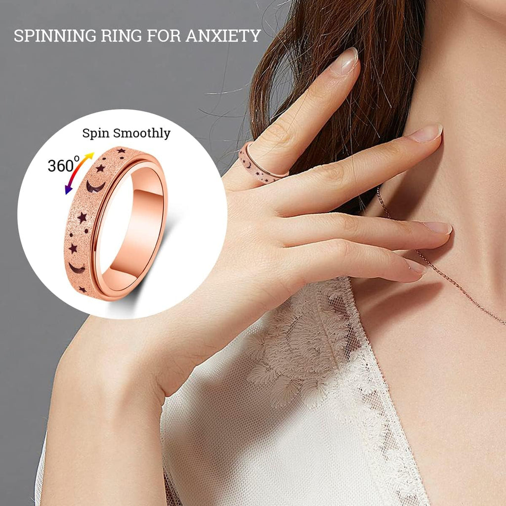 Anxiety Ring for Women Men, Titanium Stainless Steel Spinner Ring, 5 Colors, 6MM, Size 6-10, 3 Styles Anxiety Ring-Moon Star, Sandblasted Finished, Hollow Outer