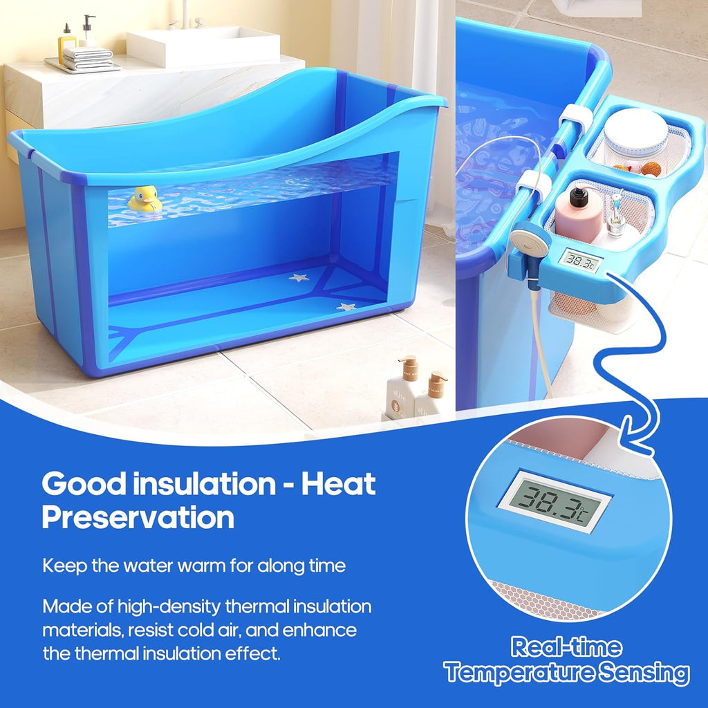 Collapsible Baby Bathtub Foldable Bathtub for Toddler Portable Large Foldable Bath Tub Bathtub for Kids Petite with Thermometer and Storage Basket (Blue)