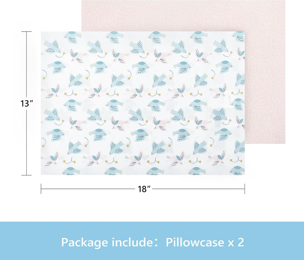 TILLYOU Toddler Pillowcase 2 Pack with Envelope Closure,13" x 18" Silky Soft Microfiber Travel Kids Pillowcase for Boys and Girls, Lucky Pony Peace Dove&Big Pink Flower