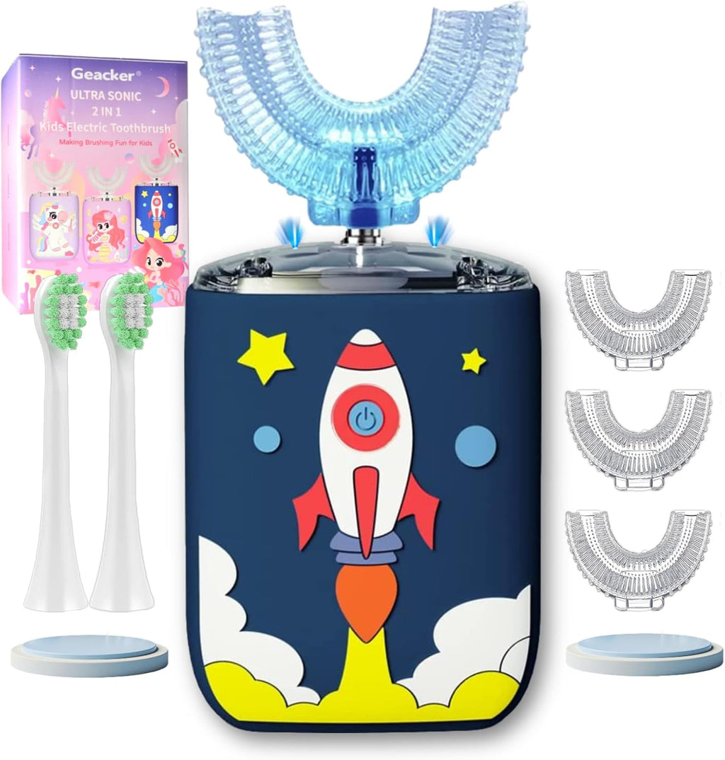 Kids U Shaped Electric Toothbrush Ultrasonic Automatic Brush with 5 Brush Head 6 Clean Modes IPX7 Waterproof Whole Mouth Rechargeable Smart Timer Toothbrushes for Children Age 2-7 (Blue)