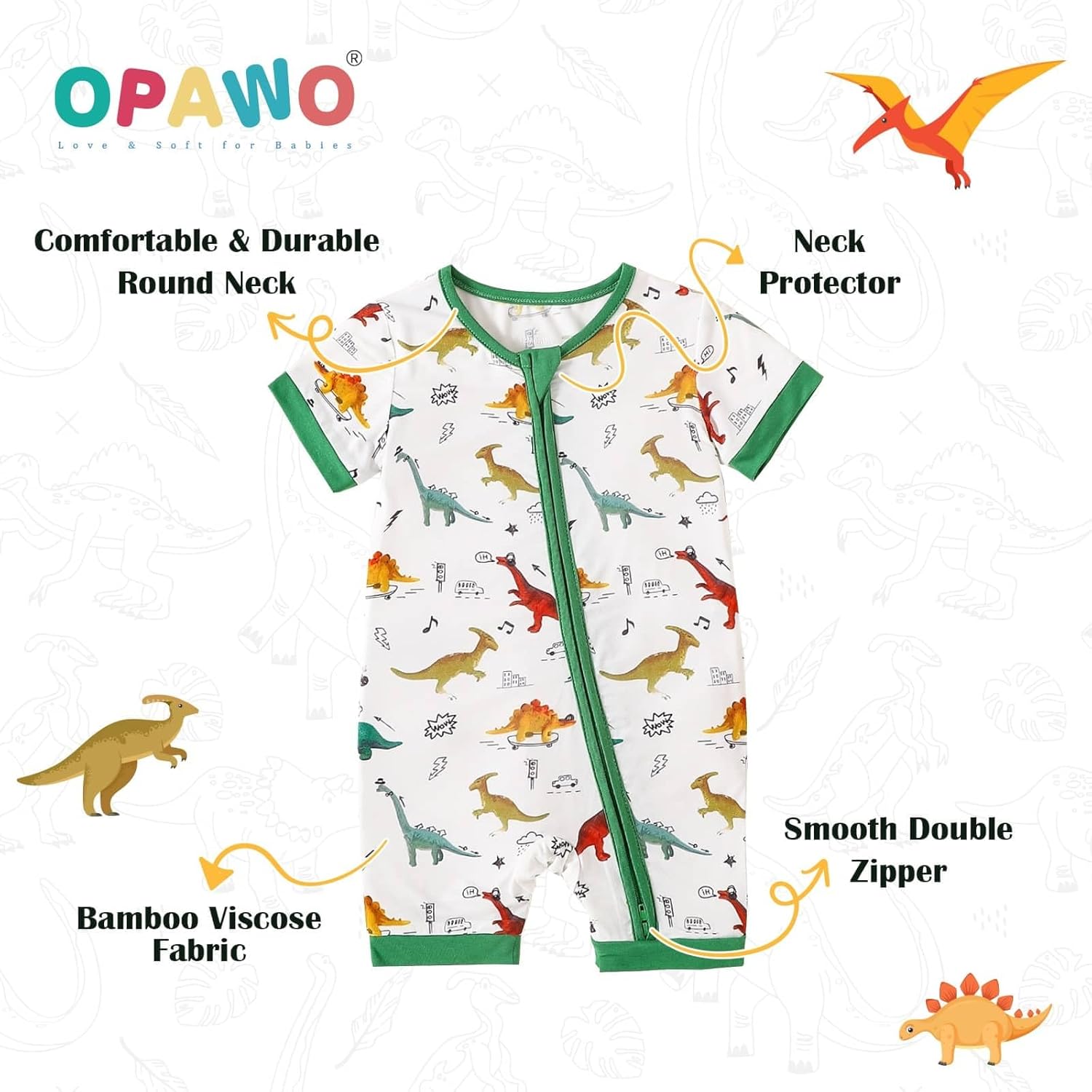 OPAWO Bamboo Baby Pajamas 3 Pack, Double Zipper Bamboo Sleepers for Baby Boy Girl Romper, Toddler Summer Clothes Outfit 0-24M