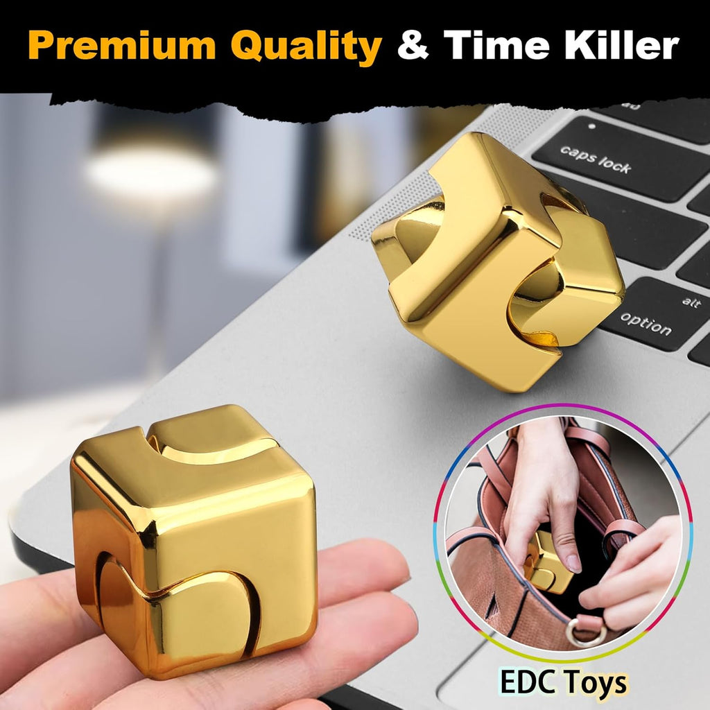 Metal Cube Fidget Spinner Toy for Kids Adults, Gold Cube Fidget Block Figner Spinner Focus 2 in 1 Spinning for Boys 3-12, Mini Gadget Easter Basket Stuff Desk Relaxing EDC Toy