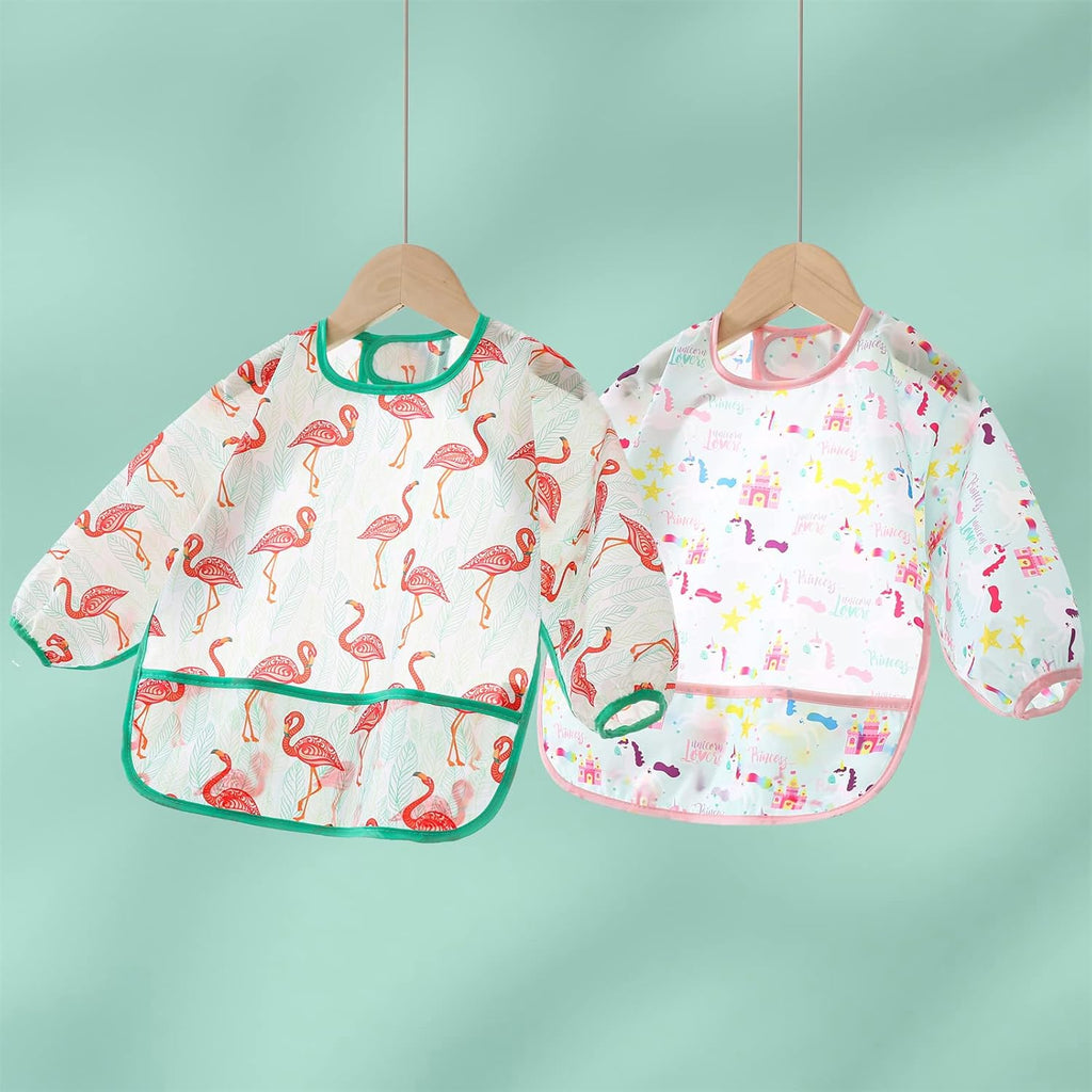 5 Pack Long Sleeve Bib,Baby Toddler Waterproof Sleeved Bib for 6-30 Months Reusable with Catch-all Pocket