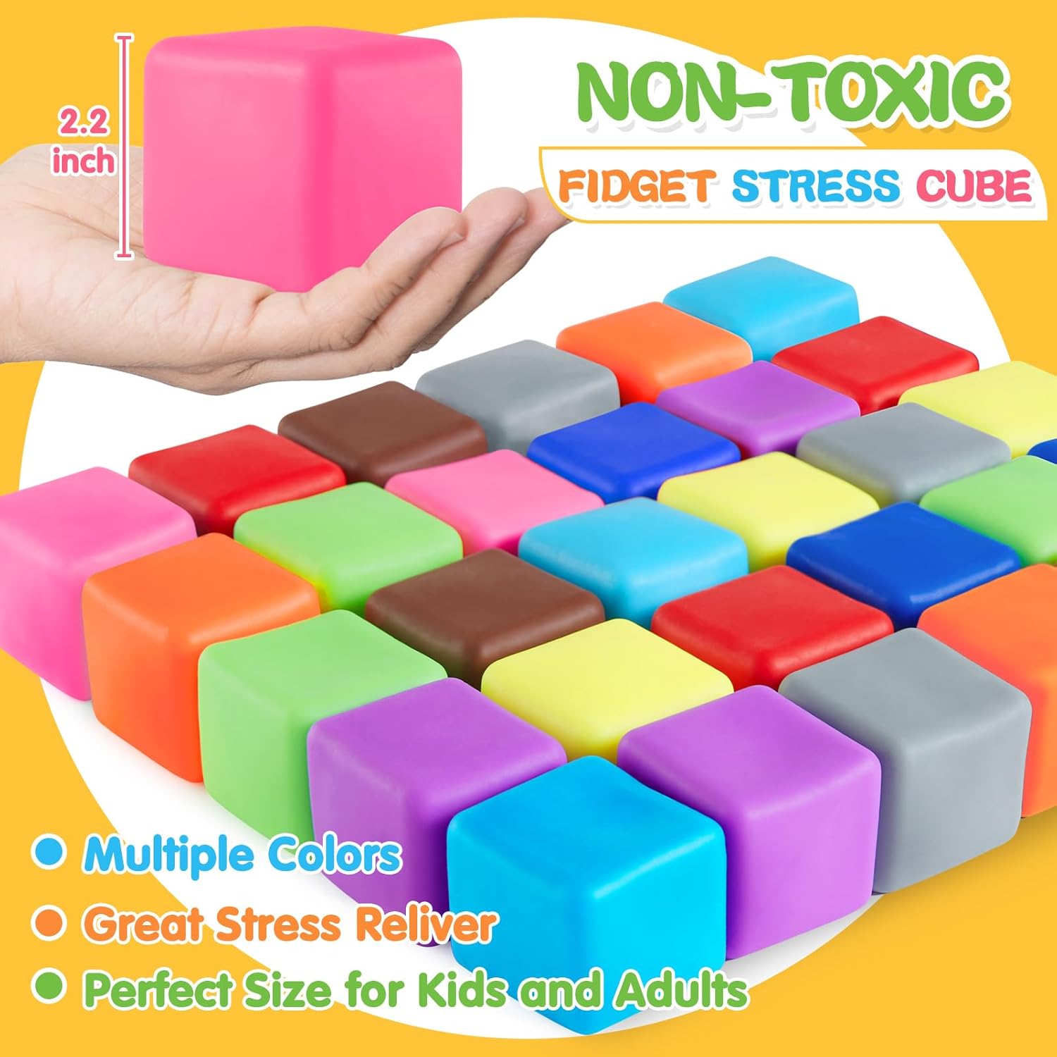 Fidget Toys Stress Cube, 24Pcs Stress Balls Bulk for Kids and Adult, Slow Rising Stress Ice Cube Stress Balls, Dough Stress Balls Soft Fidget Squishy Toys for Anxiety Relief, Square Ball (24PACK)