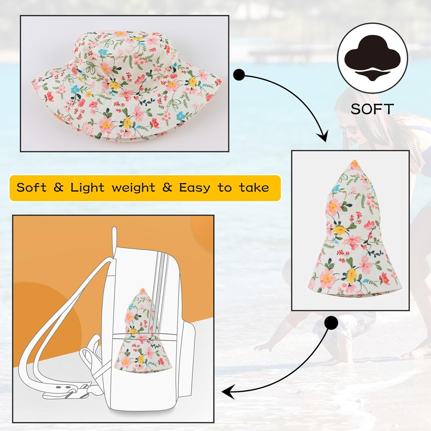 Peecabe Summer Baby Sun Hat for Boys Girls UPF 50+ Wide Brim Toddle Bucket Hat Adjustable Baby Beach Cap 0-8 Years