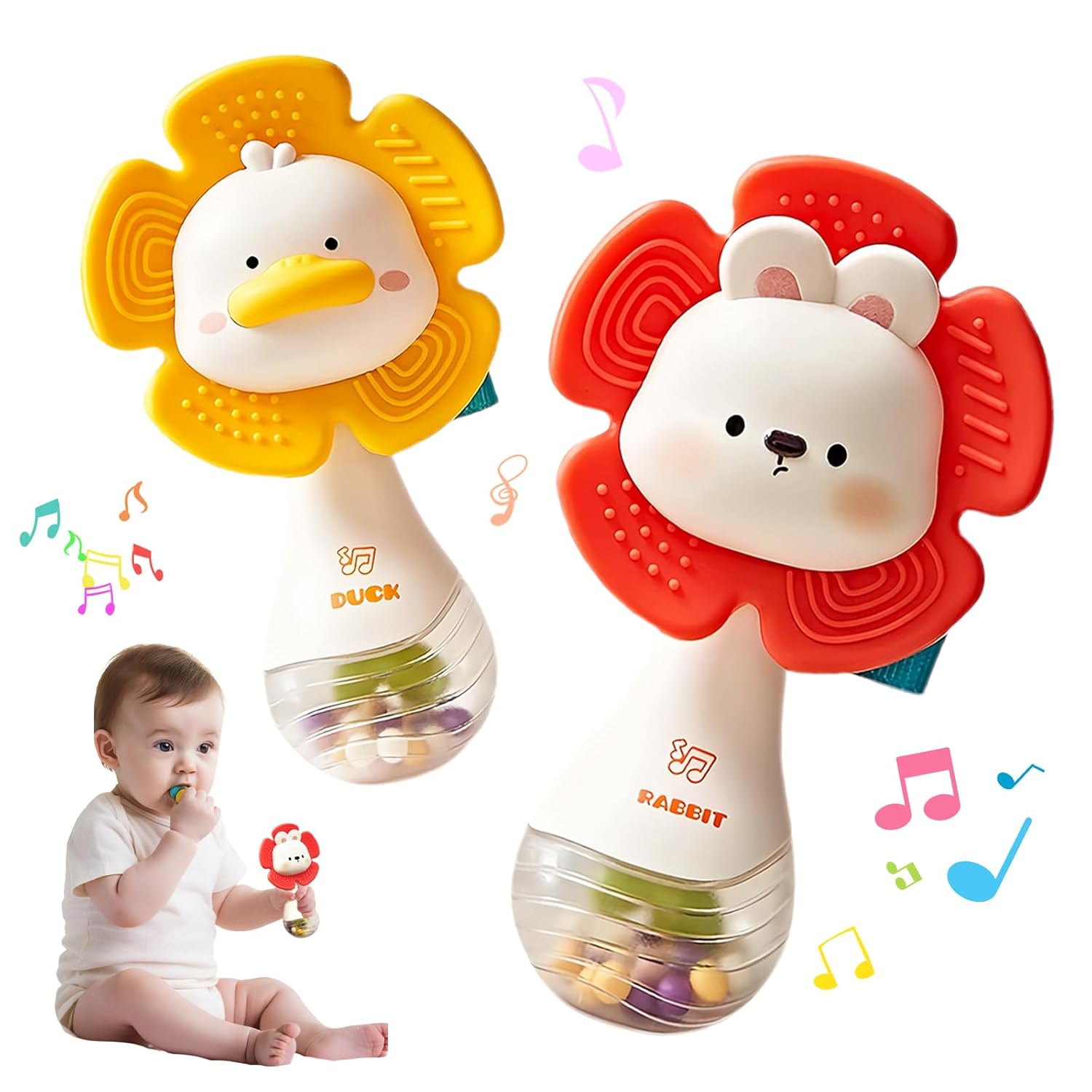 weirtoya 2 PCS Baby Rattles Teething Toys 3-6 Month, Baby Toys for 0-6 Months Infant Toy Sensory Toys with Beads Grasping Shaker, Newborn Must Haves Montessori Toys Babies Gifts