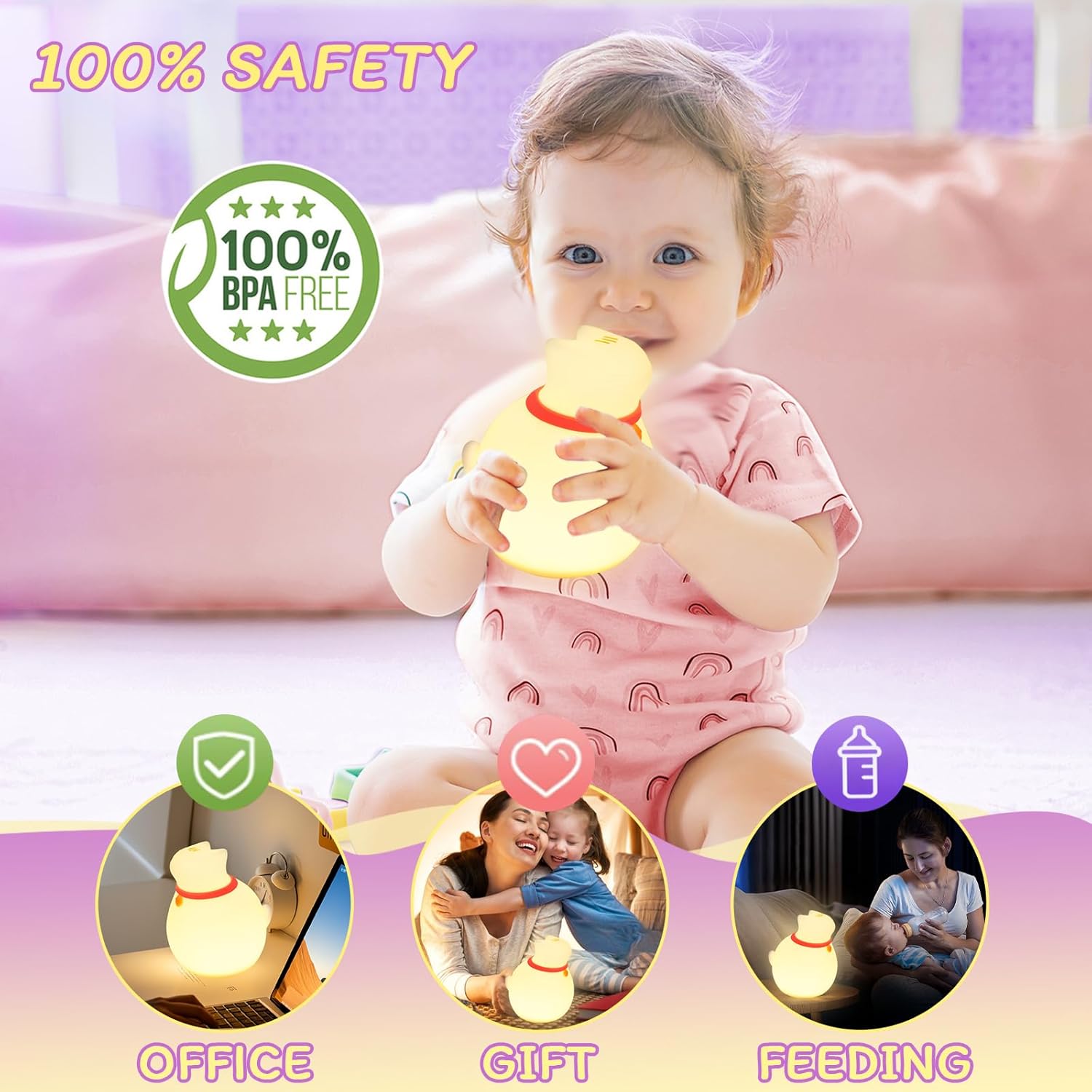 Cat Night Light for Nursery, Silicone Rechargeable Night Light with Timer & 3 Modes, Touch Control Kids Bedroom Light (Cute Cat Design)