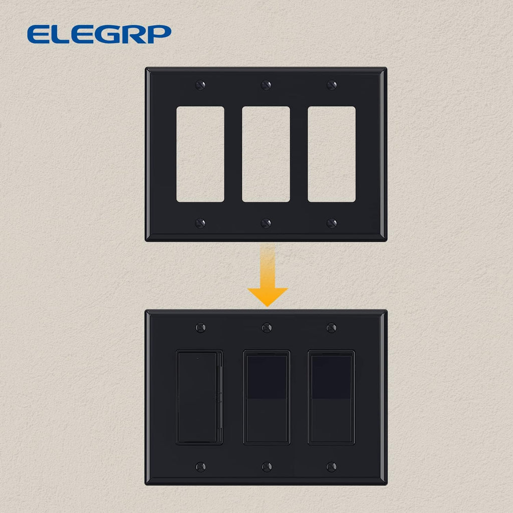 ELEGRP 3-Gang Decorative Wall Plates, Mid-Size 4.88" H x 6.75" L Unbreakable Thermoplastic Faceplate Cover for Decorator Receptacle Outlet Switch, UL Listed (2 Pack, Glossy Black)