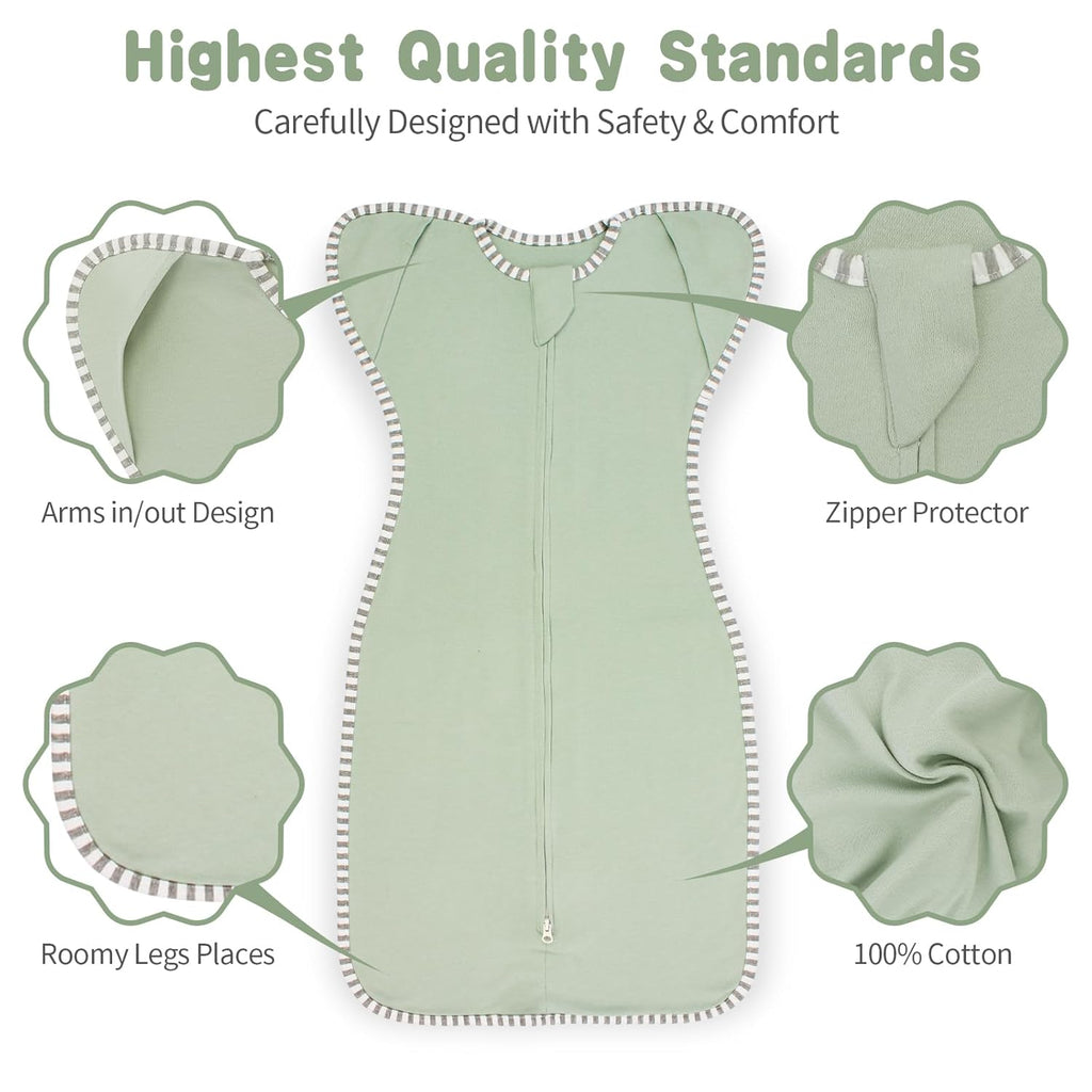 Transition Swaddle 3-6 Months Baby Sleep Sack Arms up Swaddle 2-Way Zipper 100% Cotton Arms in/Out, 0.8 Tog Baby Transitional Swaddle Sack for Boy Girl, 2-Pack (Medium 14-20lbs)