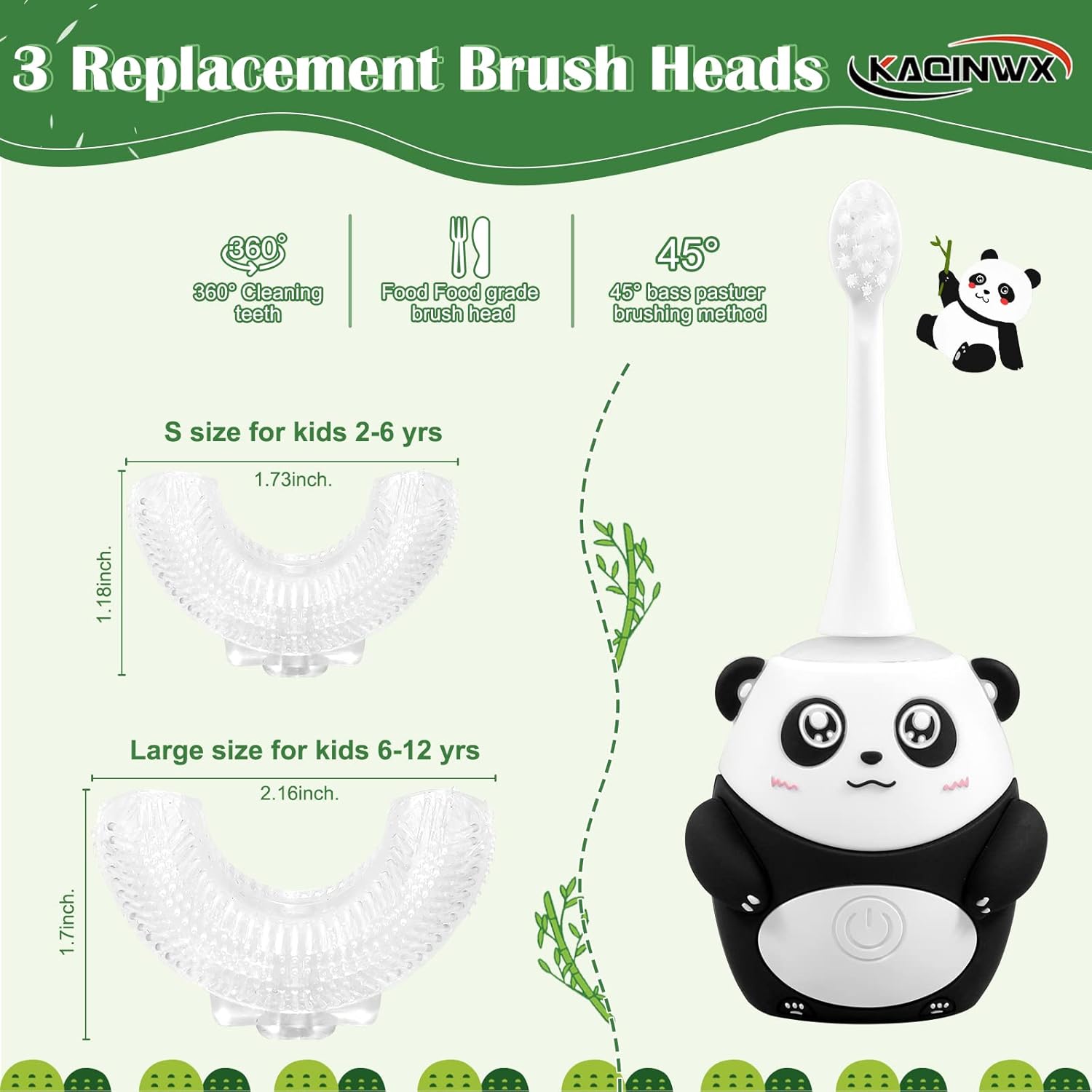 Kids U Shaped Electric Toothbrush for Age 2-12, Rechargeable Toddler Toothbrush with Smart Timer & 3 Clean Modes, Panda Design, IPX7 Waterproof, 3 Brush Heads & 360°Cleaning