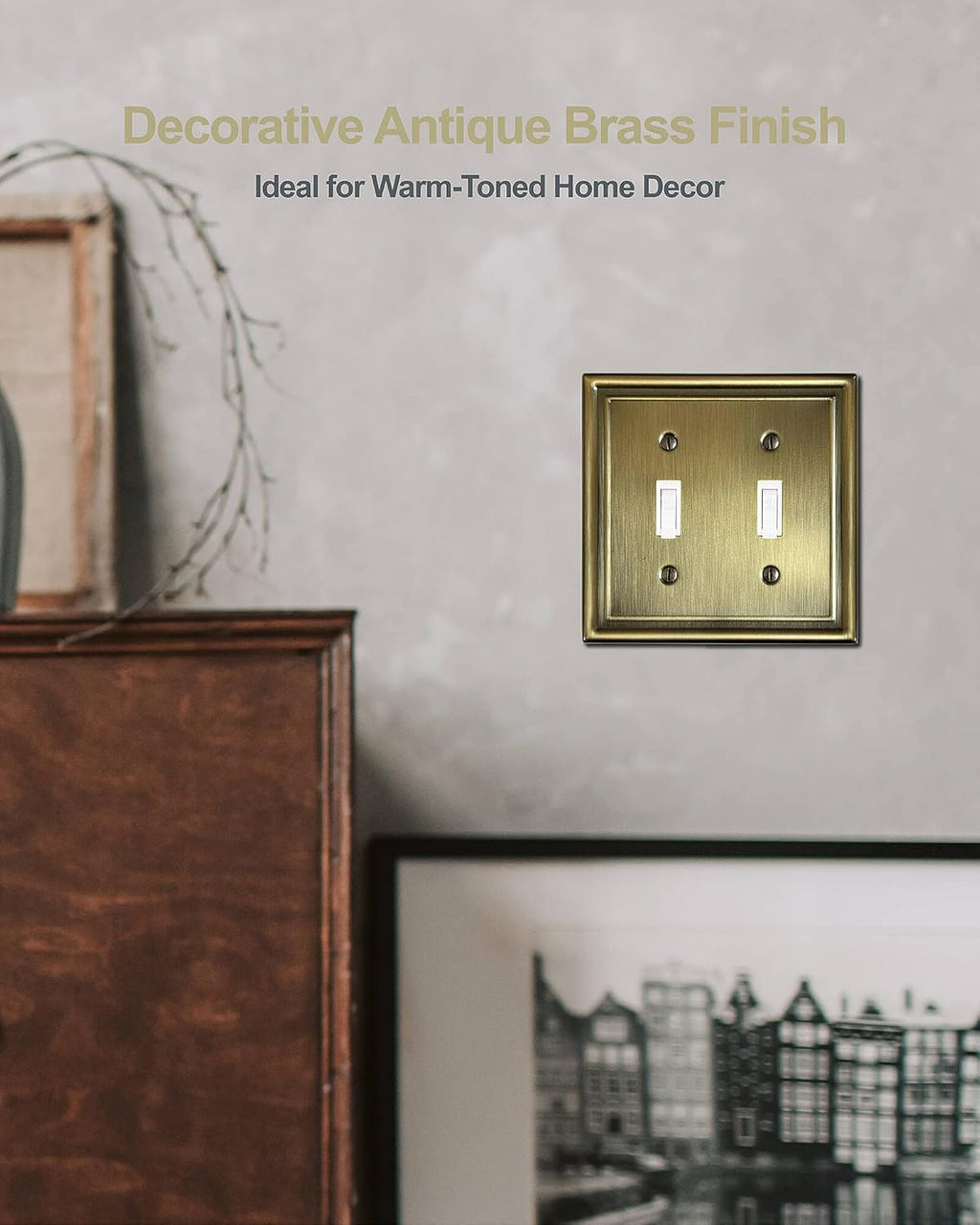 2-Pack Double Toggle Wall Plate, Metal Light Switch Cover, Decorative Antique Brass Switch Plate Cover, Midsize, 4.96''*4.88'', Corrosion Resistant