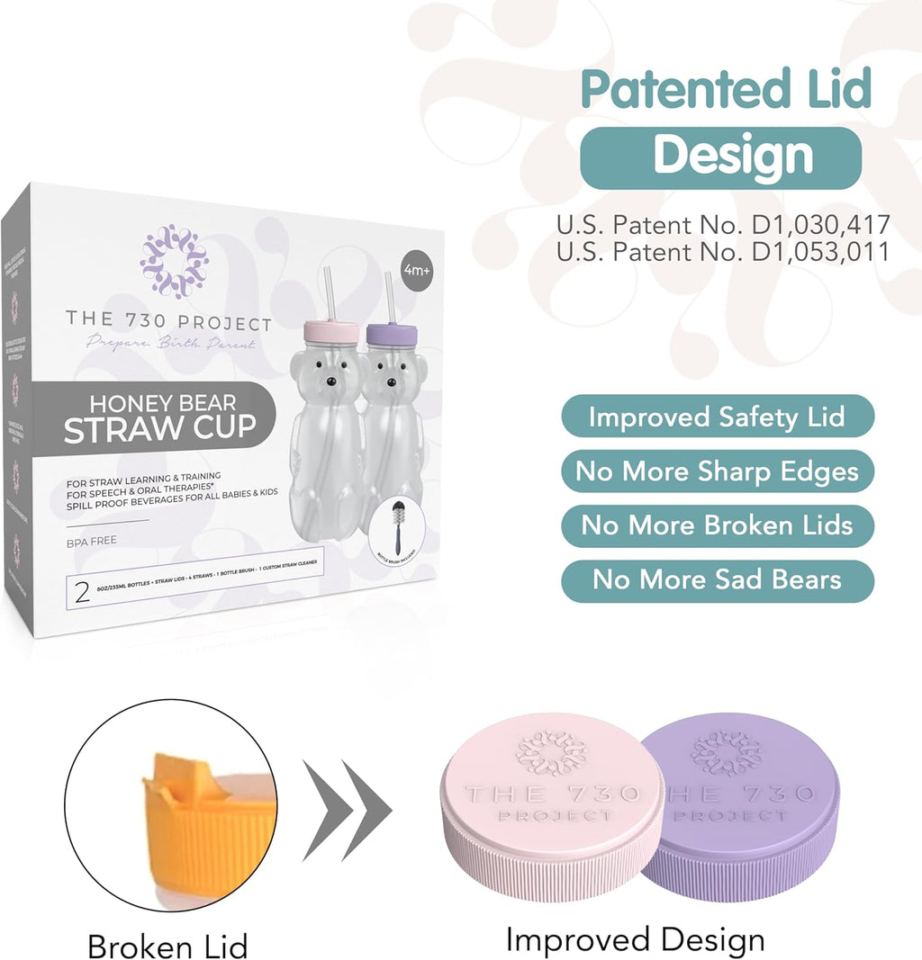 Honey Bear Straw Cup for Babies, Honey Bear Cups with Travel Lid, 2-Pack Therapy Learning HoneyBear Straw Sippy Cup for Toddlers, Cherry Blossom & Unicorn, 8 oz