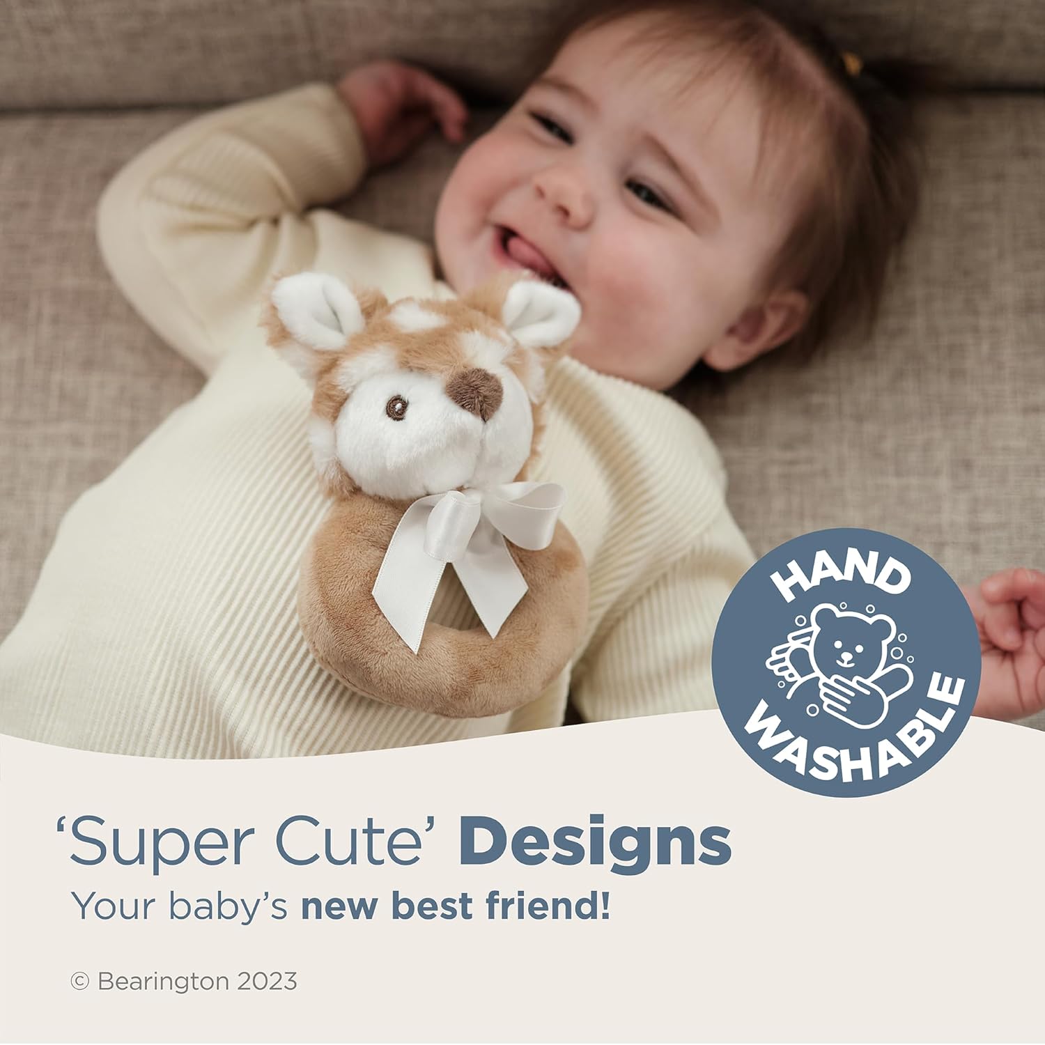 Bearington Collection Baby Lil’ Willow, 5.5 Inch Fawn Plush Stuffed Animal, Soft Baby Rattles and Plush Rings - Newborn Toys