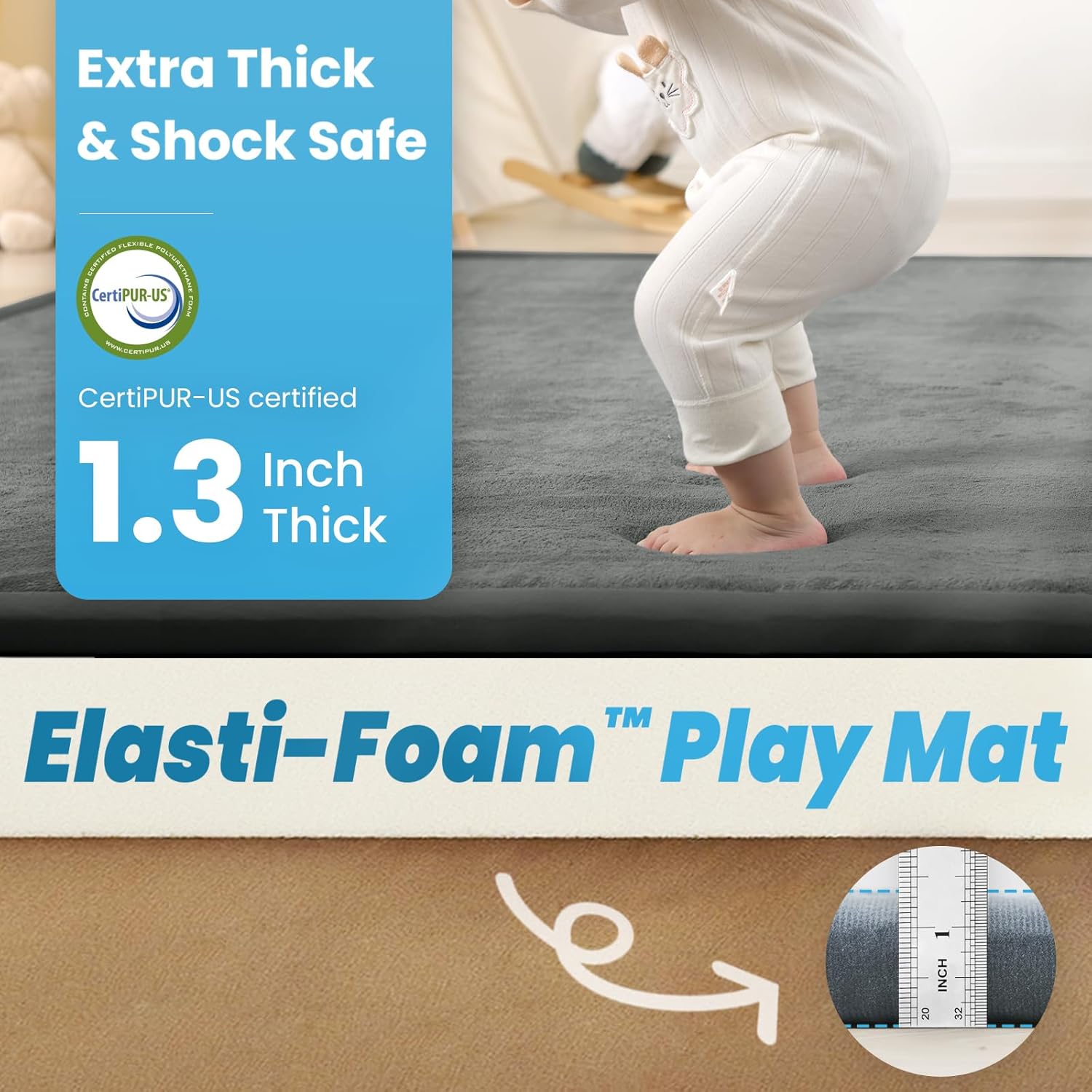 Ultra Soft Baby Play Mat,79"×118" Extra Large Activity Tummy Time Mat for Toddlers,Infants,Kids,1.3" Thick Elasti-Foam Nursery Rug for Floor,Non-Slip Safe for Crawling,Water-Repellent(Dark Grey)