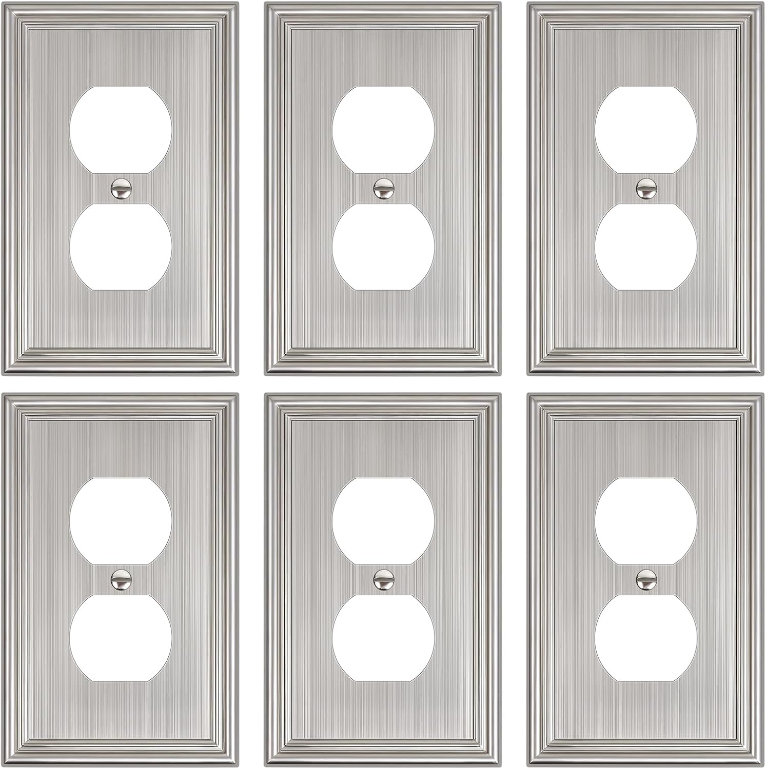 6-Pack Single Duplex Outlet Cover Plate, Decorative Brushed Nickel Switch Plates and Outlet Covers, Metal Wall Plates for Electrical Outlets, 1 Gang Receptacle Cover, Corrosion Resistant