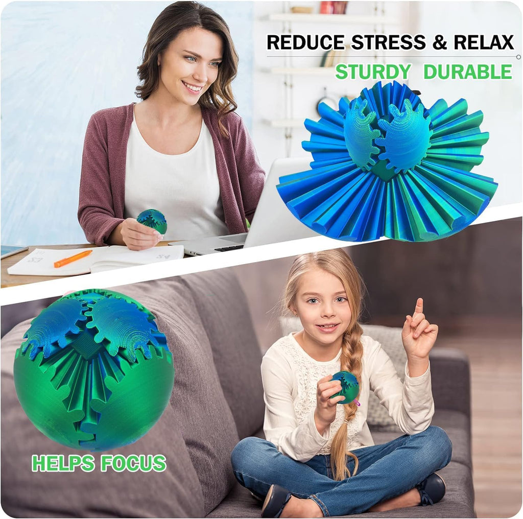 Gear Ball 3D Printed Gear Ball Spin Ball OR Cube Fidget Toy - Perfect for Stress and Anxiety Relaxing Fidget Toy, Desk Toy - Ideal for Sensory Needs and Autism (Blue Green)