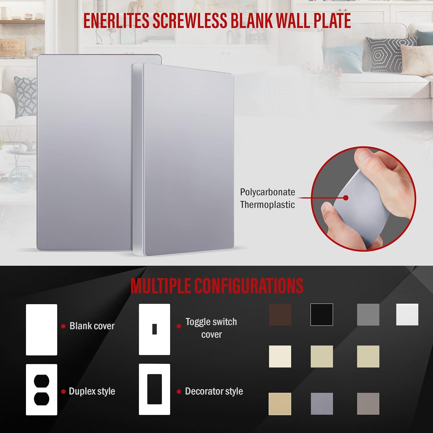 ENERLITES Screwless Blank Wall Plate, Child Safe Blank Device Outlet Cover, Standard Size, 1-Gang 4.68" x 2.93", Polycarbonate Thermoplastic, UL Listed, SI8801-SV, Silver