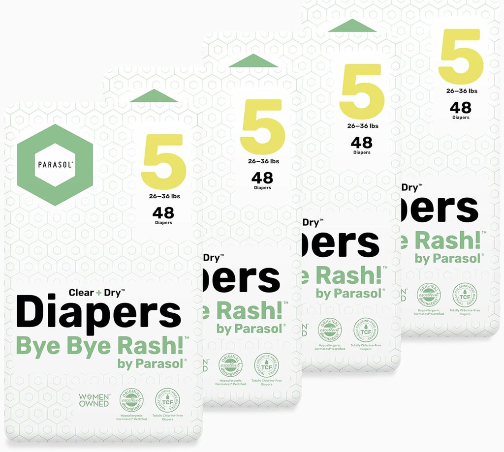 Parasol Clear+Dry Disposable Diapers, RashShield Protection and Leak-Control Fit, Hypoallergenic Diapers, Size 5 (26-36 lbs), 192 Count