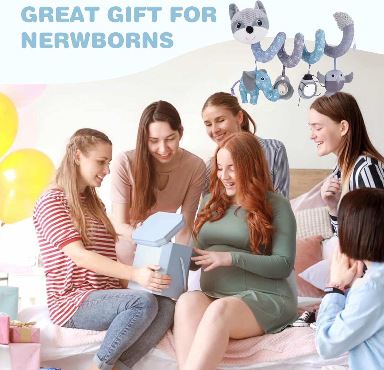 Jollybaby Baby Car Seat Stroller Toys, Plush Activity Hanging Spiral Activity Pram Crib with Music Box, Rattles, Squeaker for Babies Infant Boys Girls(Grey Fox)