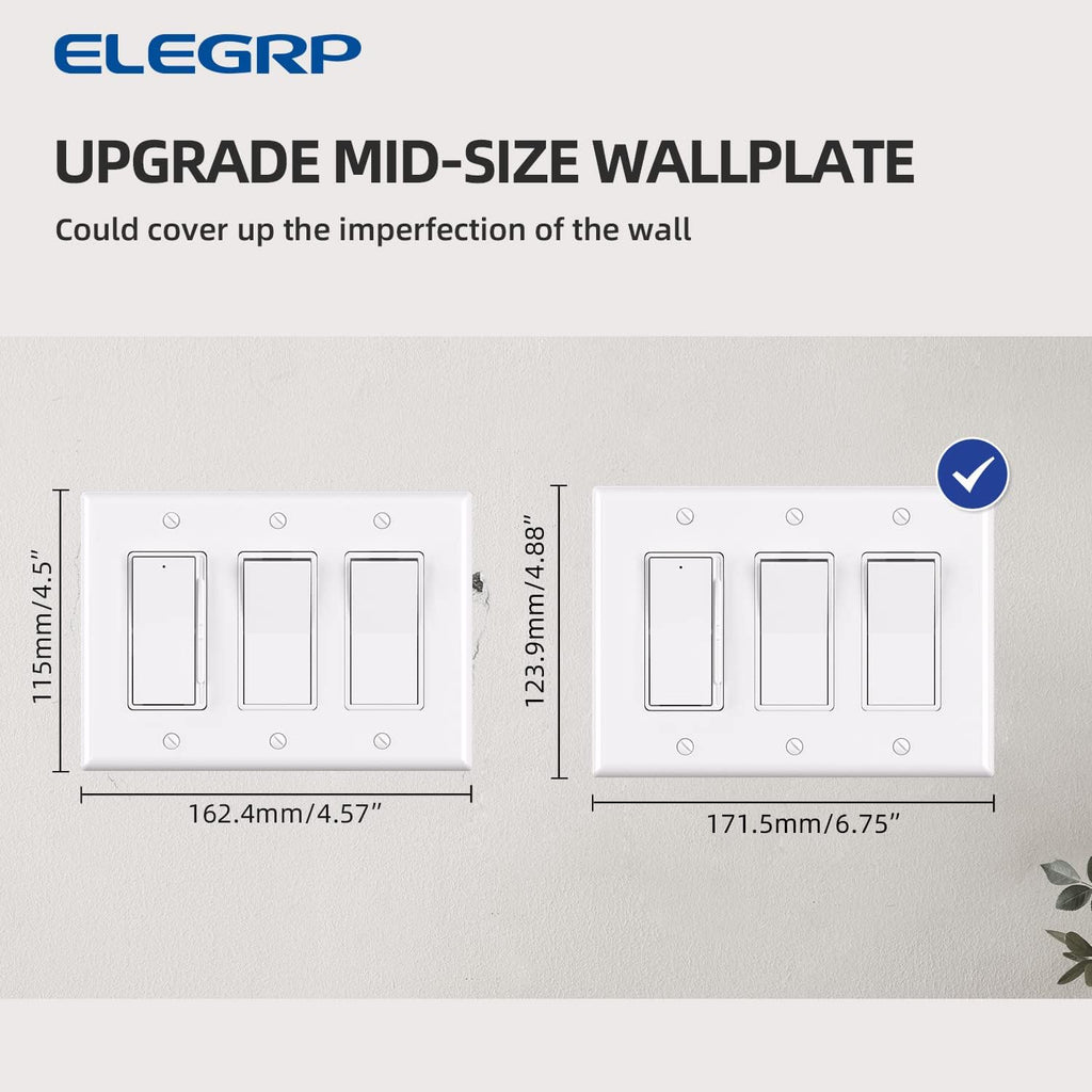 ELEGRP 3-Gang Decorative Wall Plates, Mid-Size 4.88" H x 6.75" L Unbreakable Thermoplastic Faceplate Cover for Decorator Receptacle Outlet Switch, UL Listed (5 Pack, Glossy White)