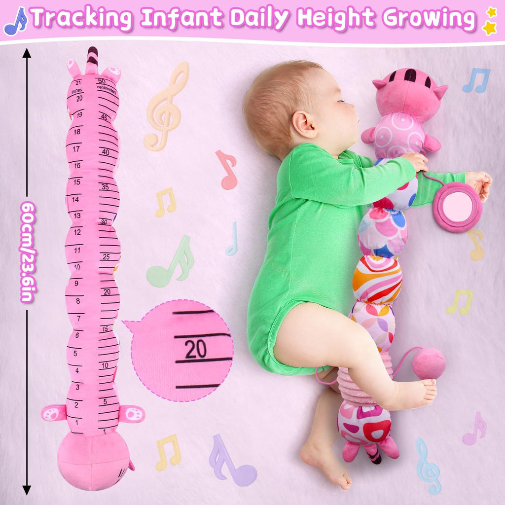 Baby Toys 0 to 12 Months, Stuffed Animal Infant Tummy Time Toys Sensory Toys with Crinkle Rattles Textures and Mirror Gifts for Newborn Boys Girls, Cat Caterpillar Musical Toys (Pink)