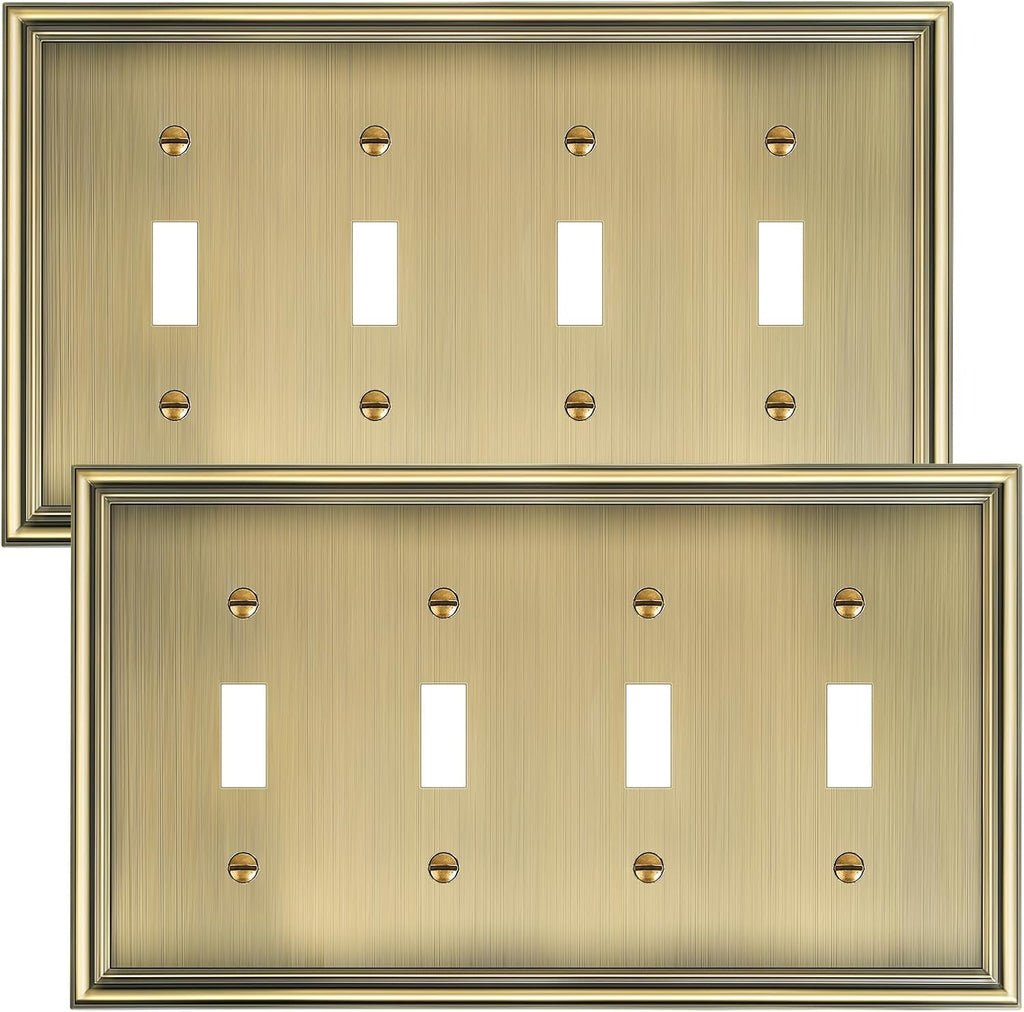 2-Pack Quad Toggle Light Switch Cover Plate, Durable Zinc Alloy Decorative Switch Plate Covers, Antique Brass 4 Gang Wall Plate for Toggle Light Switch and Rotary Dimmer Switch