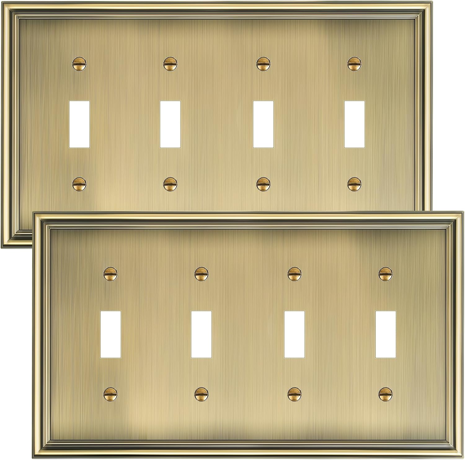 2-Pack Quad Toggle Light Switch Cover Plate, Durable Zinc Alloy Decorative Switch Plate Covers, Antique Brass 4 Gang Wall Plate for Toggle Light Switch and Rotary Dimmer Switch