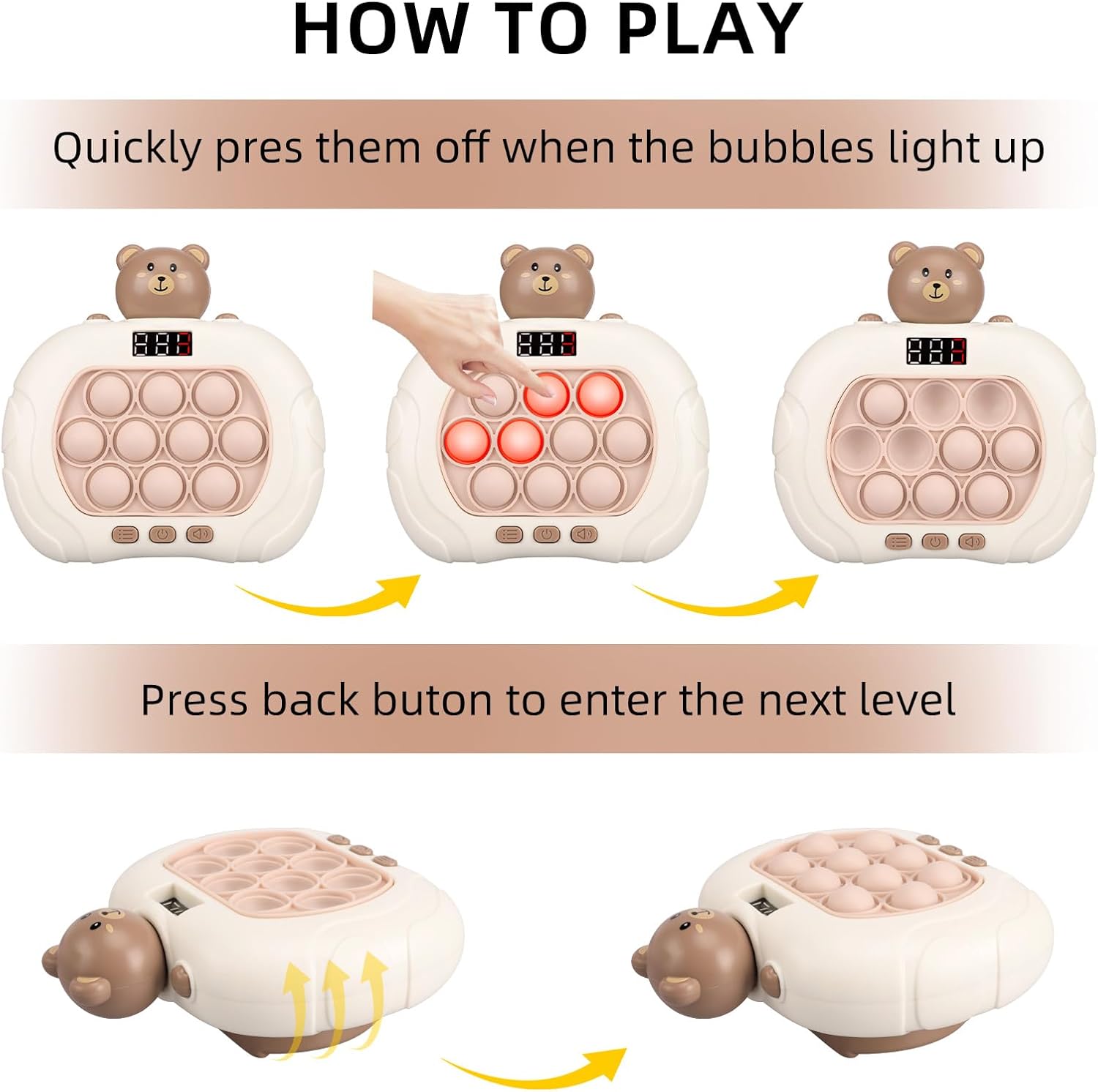 Fast Push Game Pop Fidget Toys for Kids, Fast Push Bubble Game, Handheld Puzzle Game Sensory Toys with LED Screen, Quick Push Light Up Game Gifts for 3-12 Year Old Girls Boys (Bear)