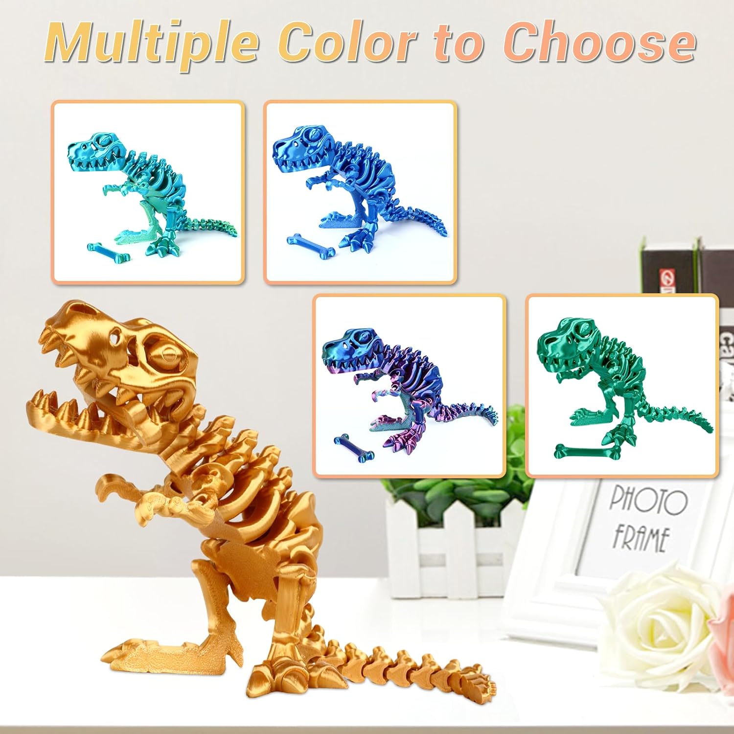 3D Printed Dinosaur Bone Skeleton Tyrannosaurus Rex with Movable Jaw Fidget Dinosaur Toys Full Articulated Dinosaur Executive Desk Toys Home Office Decor, Yellow