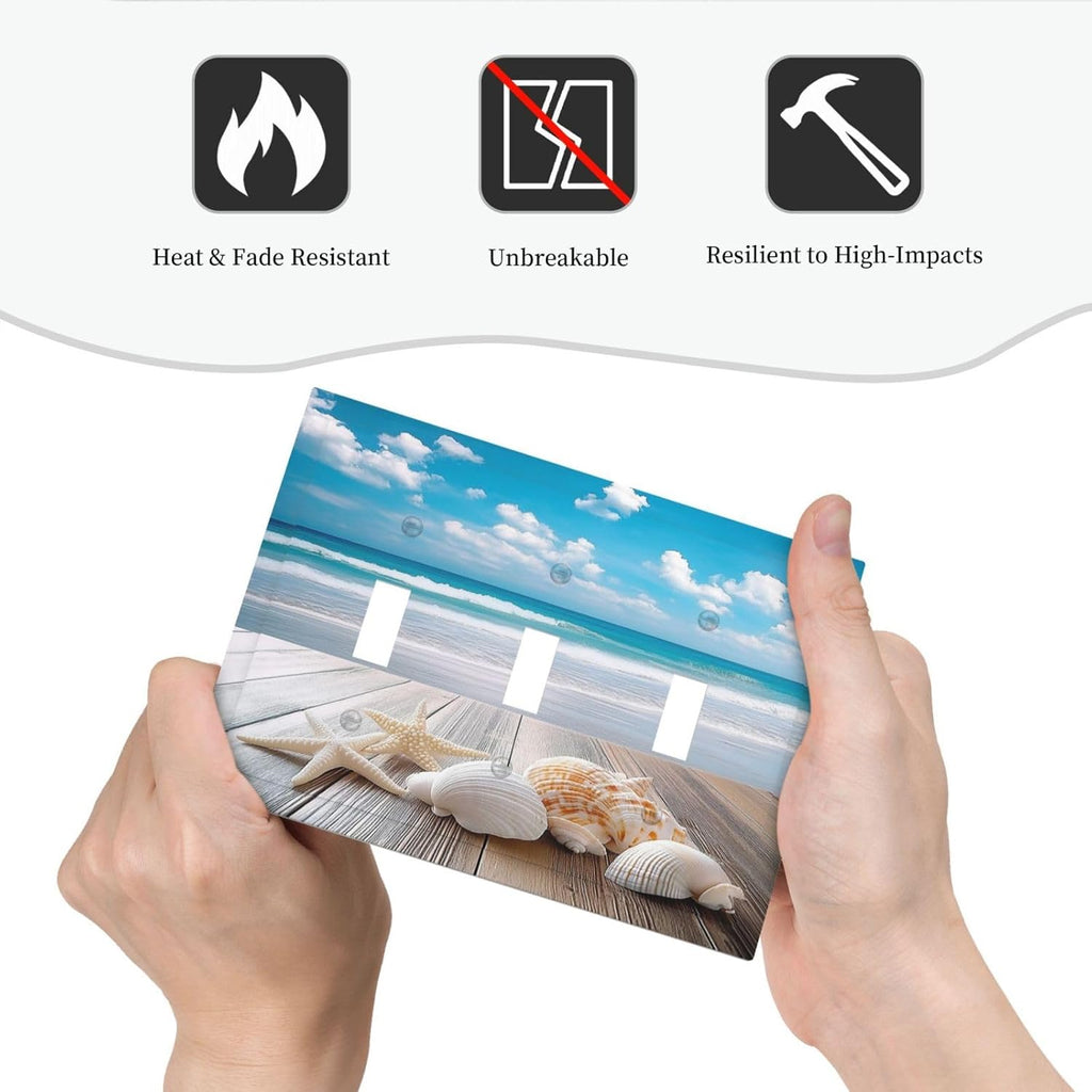 Decorative Switch Plates Beach Waves Brown Wood Starfish Shells 3 Gang Wall Plate Triple Toggle Light Switch Cover Faceplate Electrical Wall Panels For Bathroom Living Room Decor