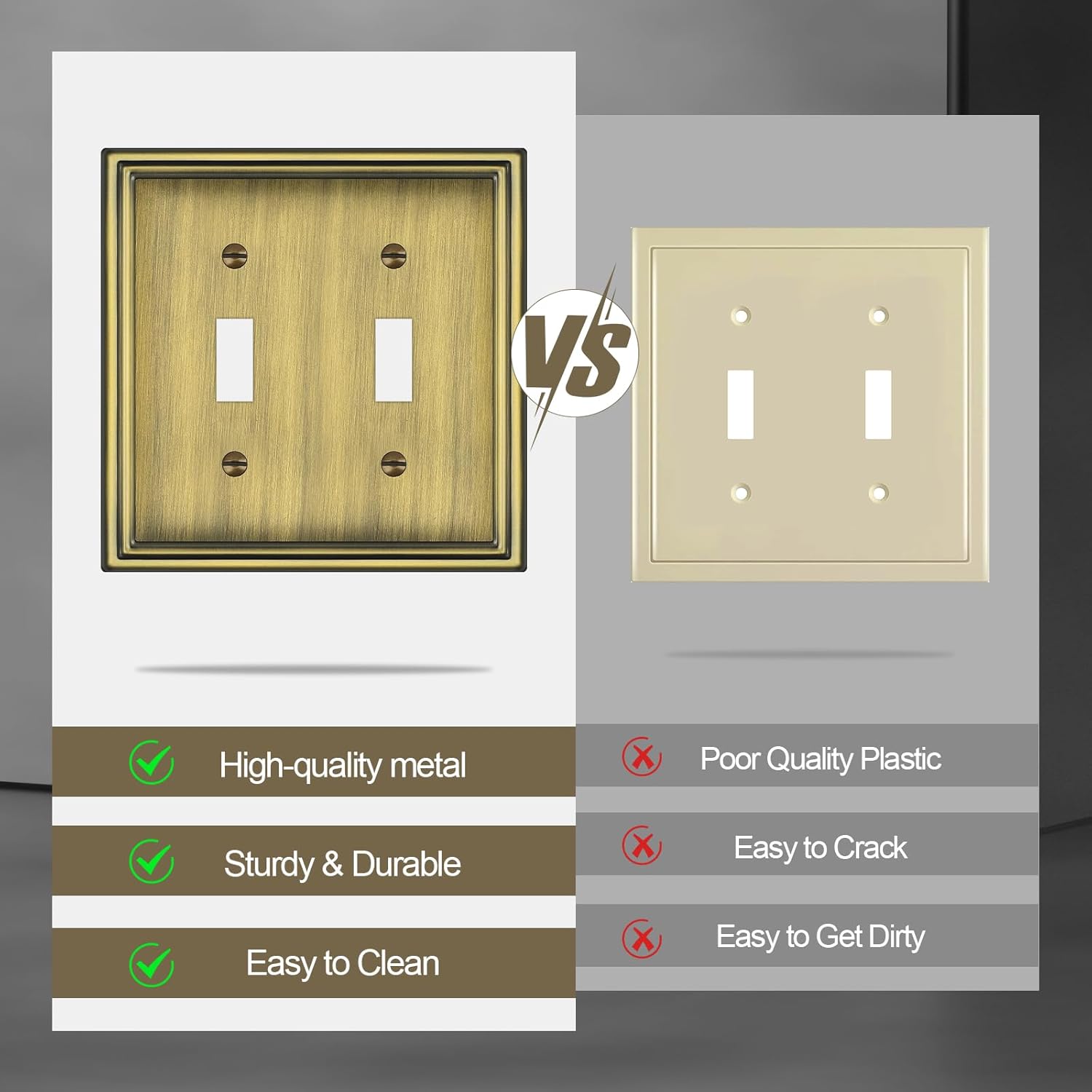 Double Toggle Light Switch Covers Plate, Metal Material 2 Gang Wall Plates for Double Light Switch, Antique Brass Decorative Switch Plate Cover - Classic Style, 3 Pack