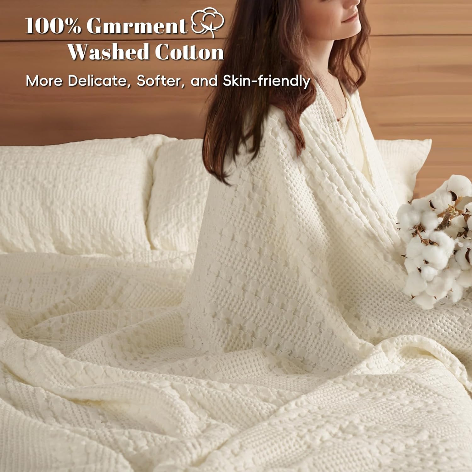 PHF 100% Cotton Waffle Weave Blanket Queen Size, Soft Lightweight Breathable Cozy Summer Blankets for Bed, Luxury Aesthetic Woven Bedding for Home Decor, 90"x90", Cannoli Cream