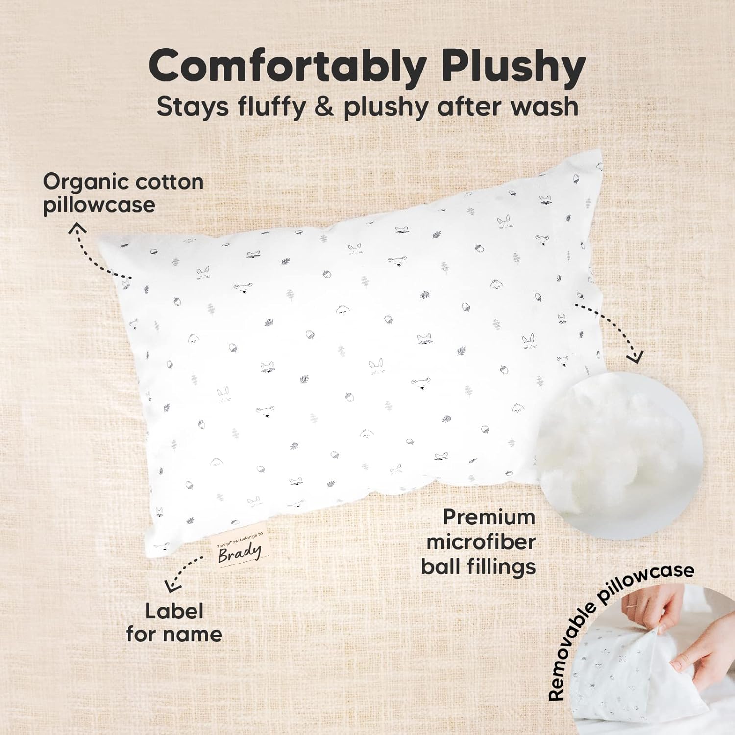 Mini Toddler Pillow with Pillowcase - 9x13 My Little Dreamy Travel Kids Pillow for Sleeping, Toddler Bed, Small, Tiny, Organic Cotton Pillowcase, Soft & Breathable, Kids 2-4 Years Old (Acorn)
