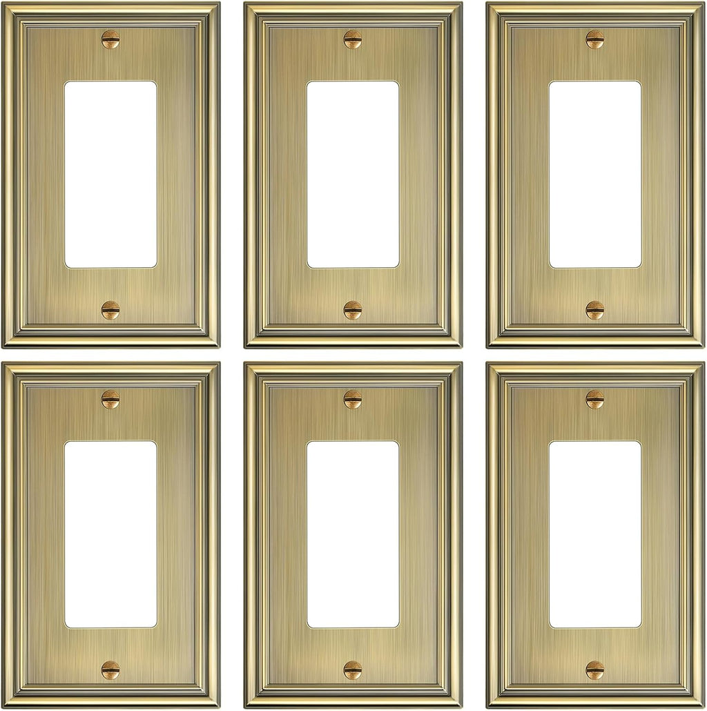 6-Pack Decorator Outlet Cover Plate, Antique Brass Decorative Switch Plates and Outlet Covers, Durable Zinc Alloy Wall Plates for Electrical Outlets, Receptacle, GFCI Outlet, Dimmer Switch