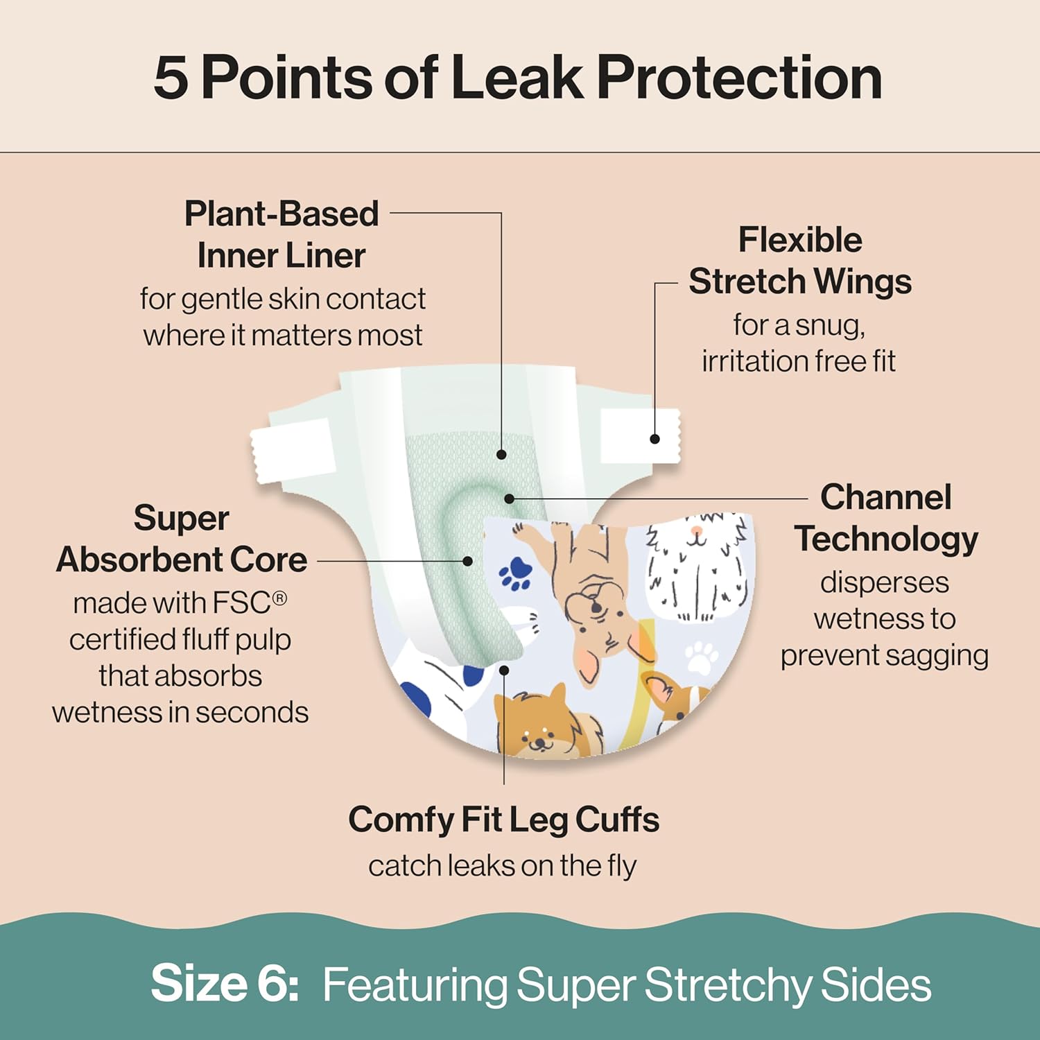 The Honest Company Clean Conscious Diapers for Delicate Skin | Up to 100% Leakproof | Hypoallergenic, Fragrance Free | Gender Neutral | Club Box, Size 6 (35+ lbs), 40 Count (Prints May Vary)