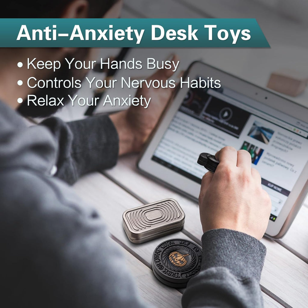 Fidget Toys Adults Pack, Metal Fidget Slider, Spinner and Haptic Coin, Decompression Metal EDC Cool Figette Toys for Adults Anxiety Relieve Stress, Greater Focus