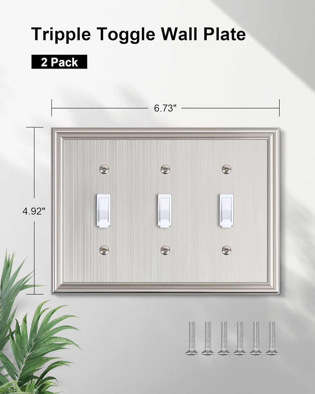 2-Pack Triple Toggle Light Switch Cover Plate, Durable Solid Zinc Alloy Decorative Switch Plate Covers, Brushed Nickel 3 Gang Wall Plate, Corrosion Resistant