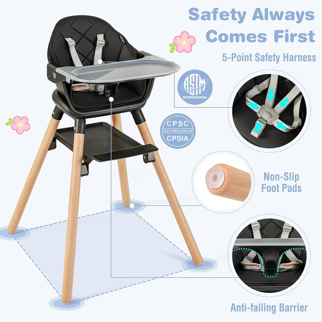 BABY JOY Baby High Chair, 6 in 1 Convertible Wooden High Chair for Babies & Toddlers with Adjustable Legs, Double Removable Tray, Safety Harness & Waterproof PU Cushion (Black)