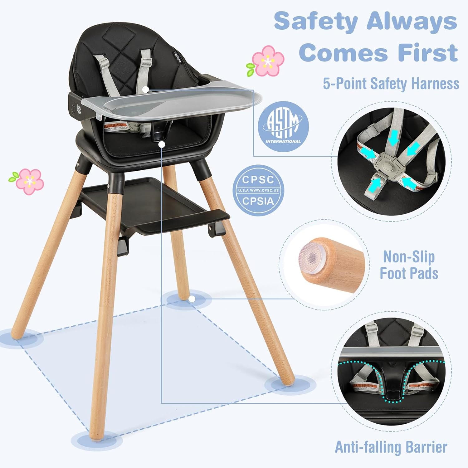 BABY JOY Baby High Chair, 6 in 1 Convertible Wooden High Chair for Babies & Toddlers with Adjustable Legs, Double Removable Tray, Safety Harness & Waterproof PU Cushion (Black)