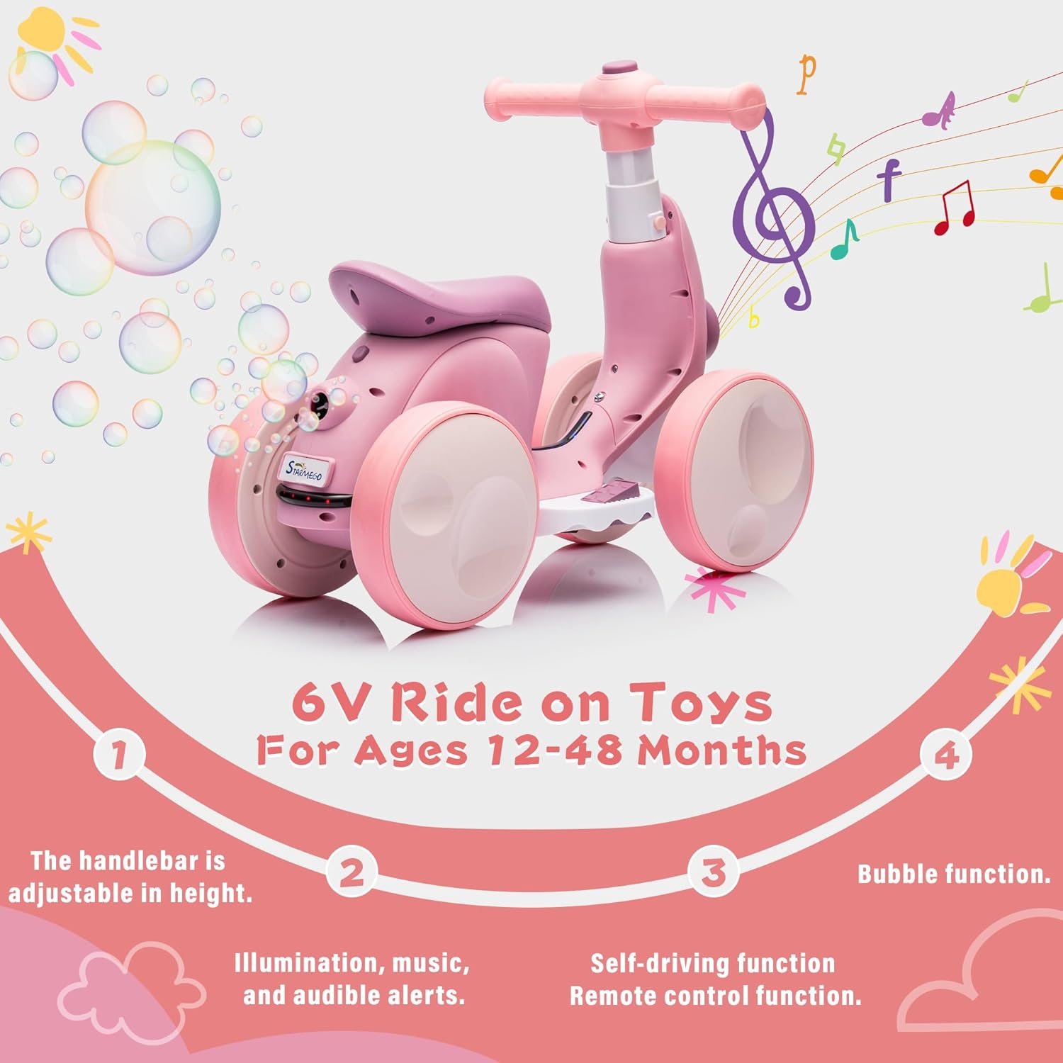 6V Electric Baby Balance Bike with Bubble Machine,4 in 1 Toddler Balance Bike w/Remote for 1 Year Old Boys Girls Kids Bubble Bike Ride on Toys w/Powered Motor,Music,LED Lights (Purple)