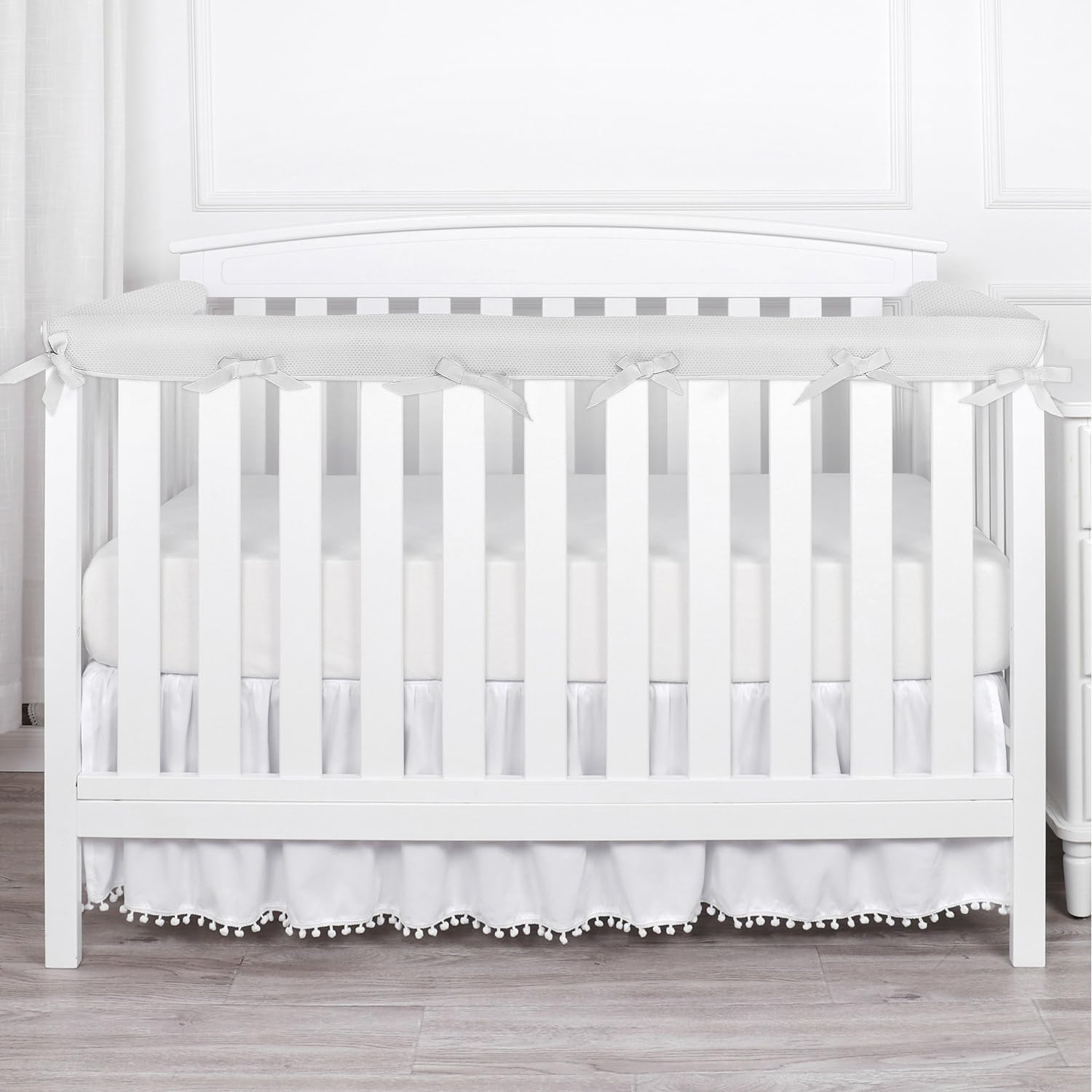3 in 1Crib Mesh Liner for Life Size Cribs,White Soft Anti-Collision Strip Corner Covers,Protect Baby Teeth and Save Crib Rails, Rail Edge Protector Strip (Gray)