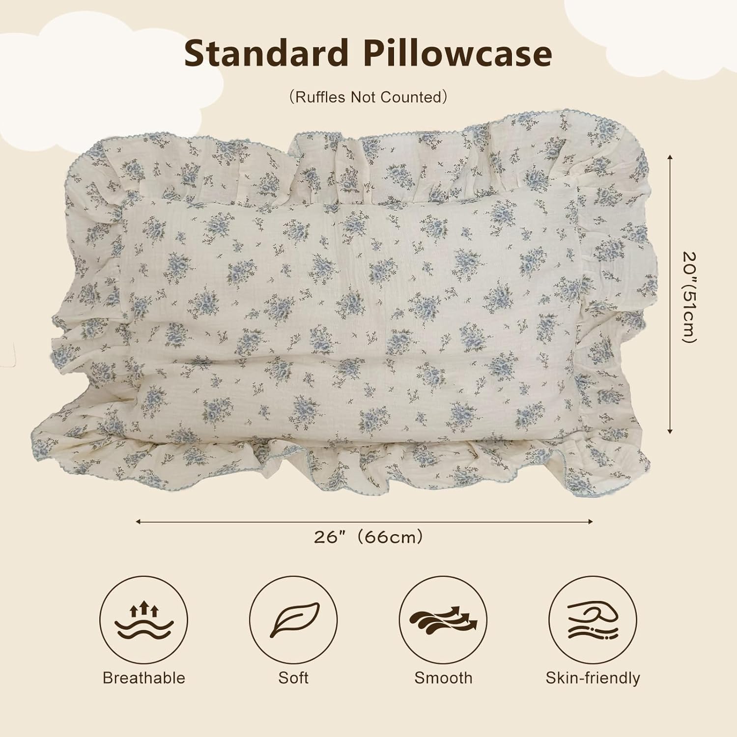 BuLuTu Muslin Cotton Kids Pillowcases for Girls Boys Shabby Chic Blue Floral Print Pillow Case Beige Toddler Pillowcases Standard Size Pillow Cover with Ruffles, 20"x26", 1 pc