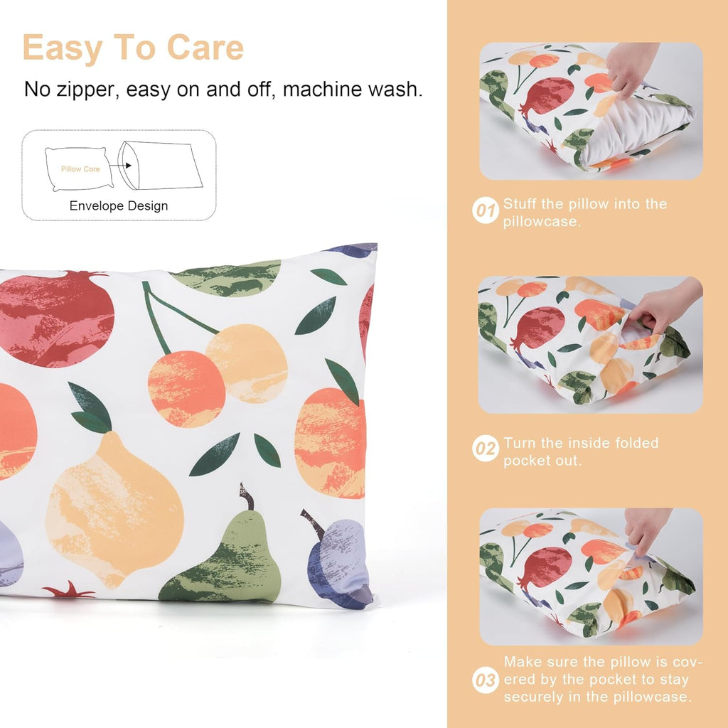 TILLYOU Toddler Pillowcases 13 x 18 Travel Pillow Case 2 Pack, Kids Pillowcases Machine Washable with Envelope Closure, Fruit Shadow & Orangish