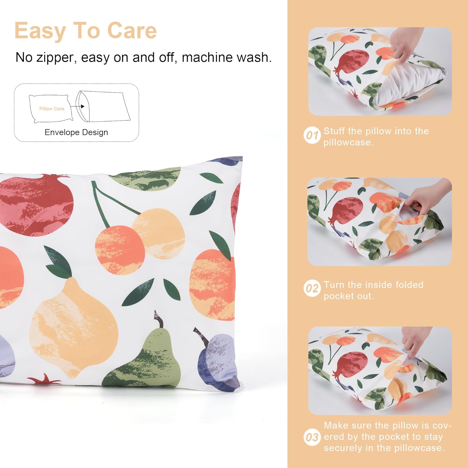 TILLYOU Toddler Pillowcases 13 x 18 Travel Pillow Case 2 Pack, Kids Pillowcases Machine Washable with Envelope Closure, Fruit Shadow & Orangish