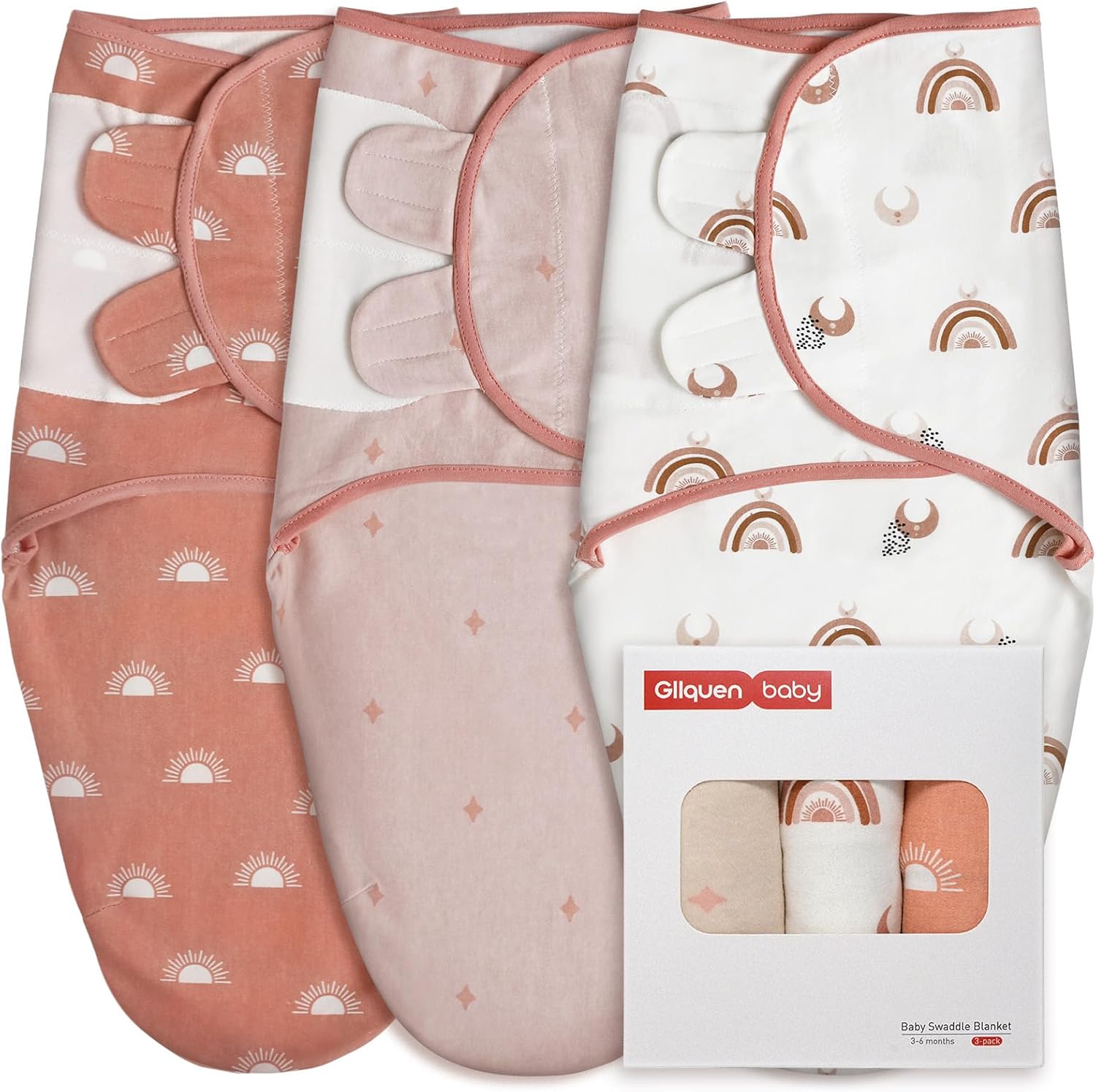 GLLQUEN BABY 3-Pack Baby Swaddle Sleep Sacks for Newborn - Baby Swaddles 3-6 Months, Infant Swaddling Sack, Rainbow & Sun, Newborn Swaddle Blanket Wrap(Medium/Large)