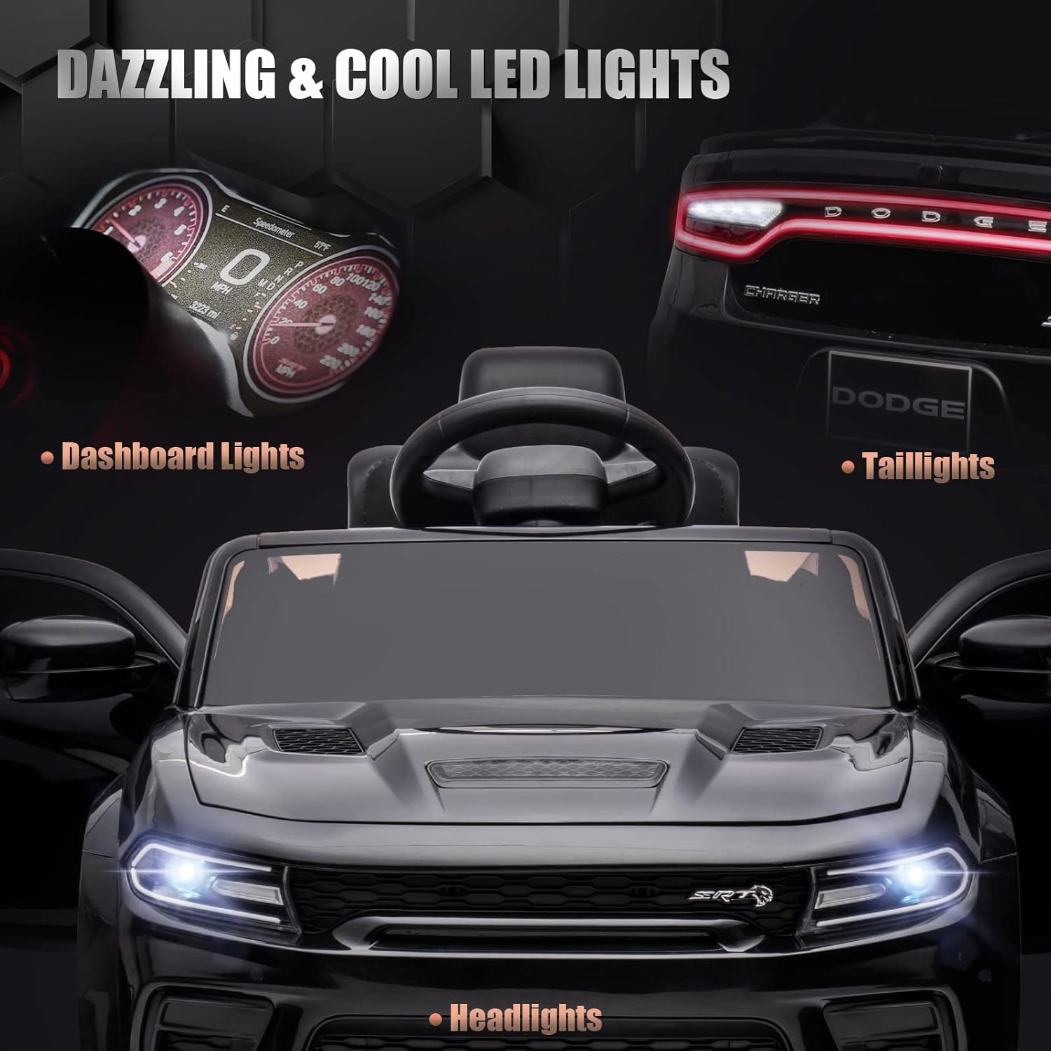 12V 7Ah Kids Electric Ride on Car, Licensed Dodge Charger SRT Hellcat, Battery Powered 4-Wheels Toy Car Electric Vehicle for Kids with Remote Control, 3 Speeds, LED Lights, Music (Black)