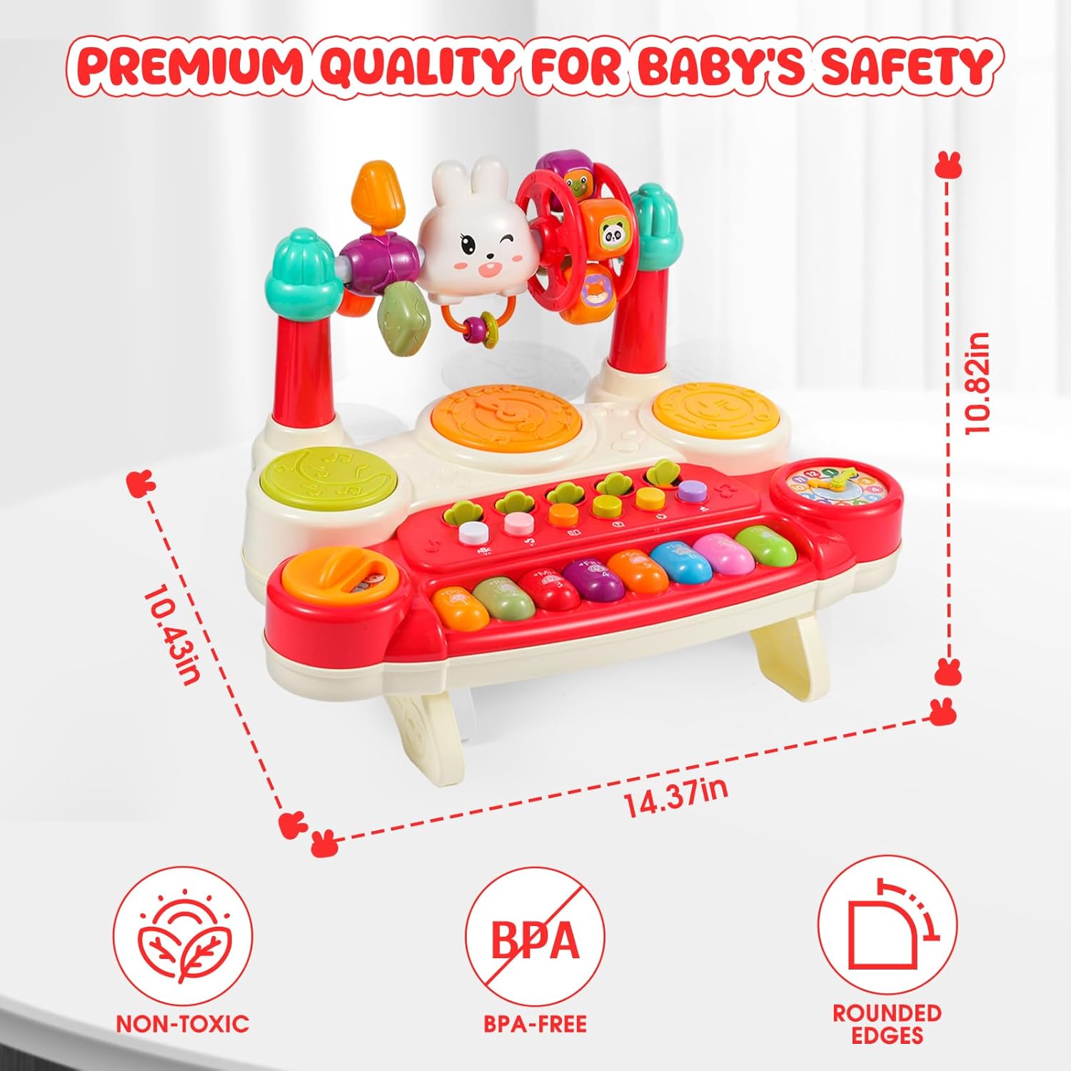 Baby Educational Musical Toys for 18-24 Months Toddlers 2 3 4 5 6 Years Old Boys Girls, Interactive Early Learning Toy for Kids Piano Drum Set Montessori Toys Christmas Birthday Gifts Red