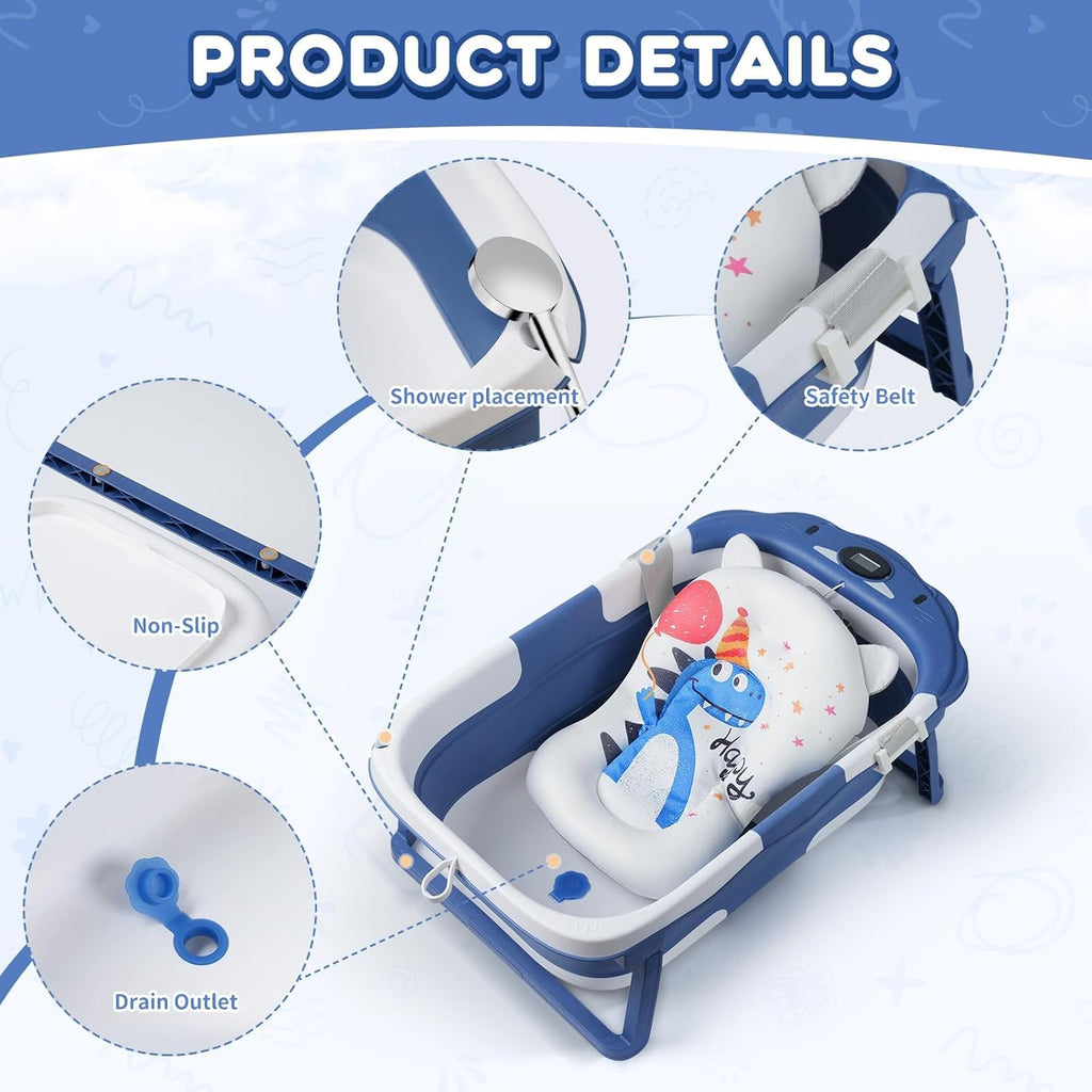 Baby Bathtub,Collapsible Baby Bath Tub with Thermometer & Soft Floating Cushion,Portable Travel Baby Bathtubs for Newborns to Toddlers 0-36 Months(Bear Blue)
