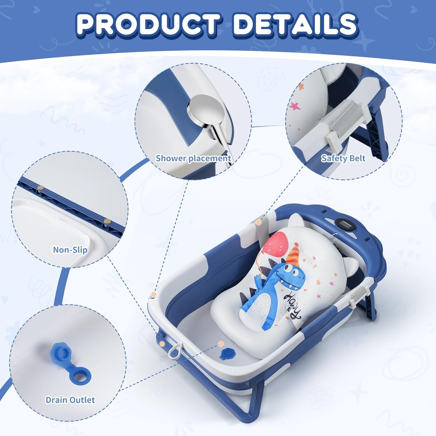 Baby Bathtub,Collapsible Baby Bath Tub with Thermometer & Soft Floating Cushion,Portable Travel Baby Bathtubs for Newborns to Toddlers 0-36 Months(Bear Blue)